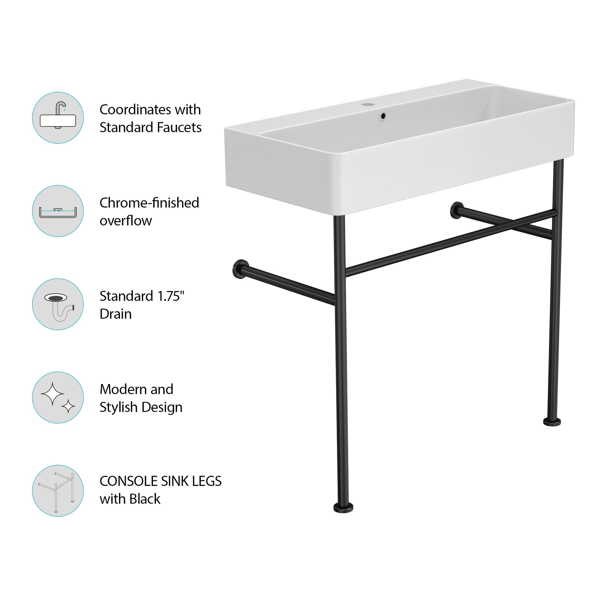 32" Bathroom Console Sink With Overflow,Ceramic Console Sink White Basin Black Legs White Ceramic