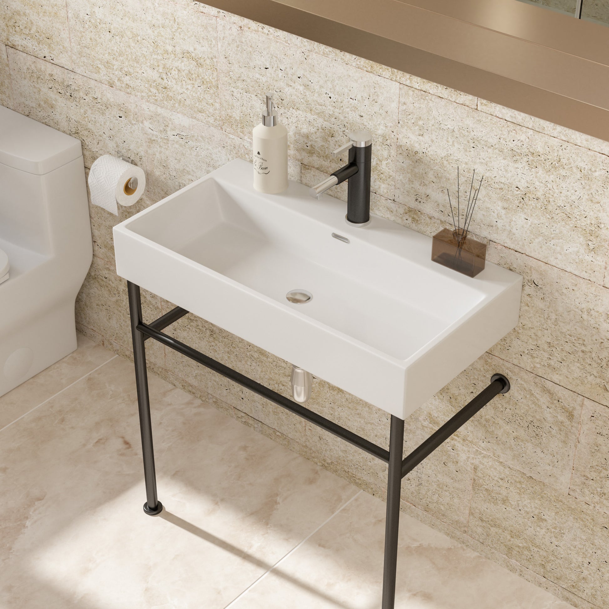 35" Bathroom Console Sink With Overflow,Ceramic Console Sink White Basin Black Legs White Ceramic