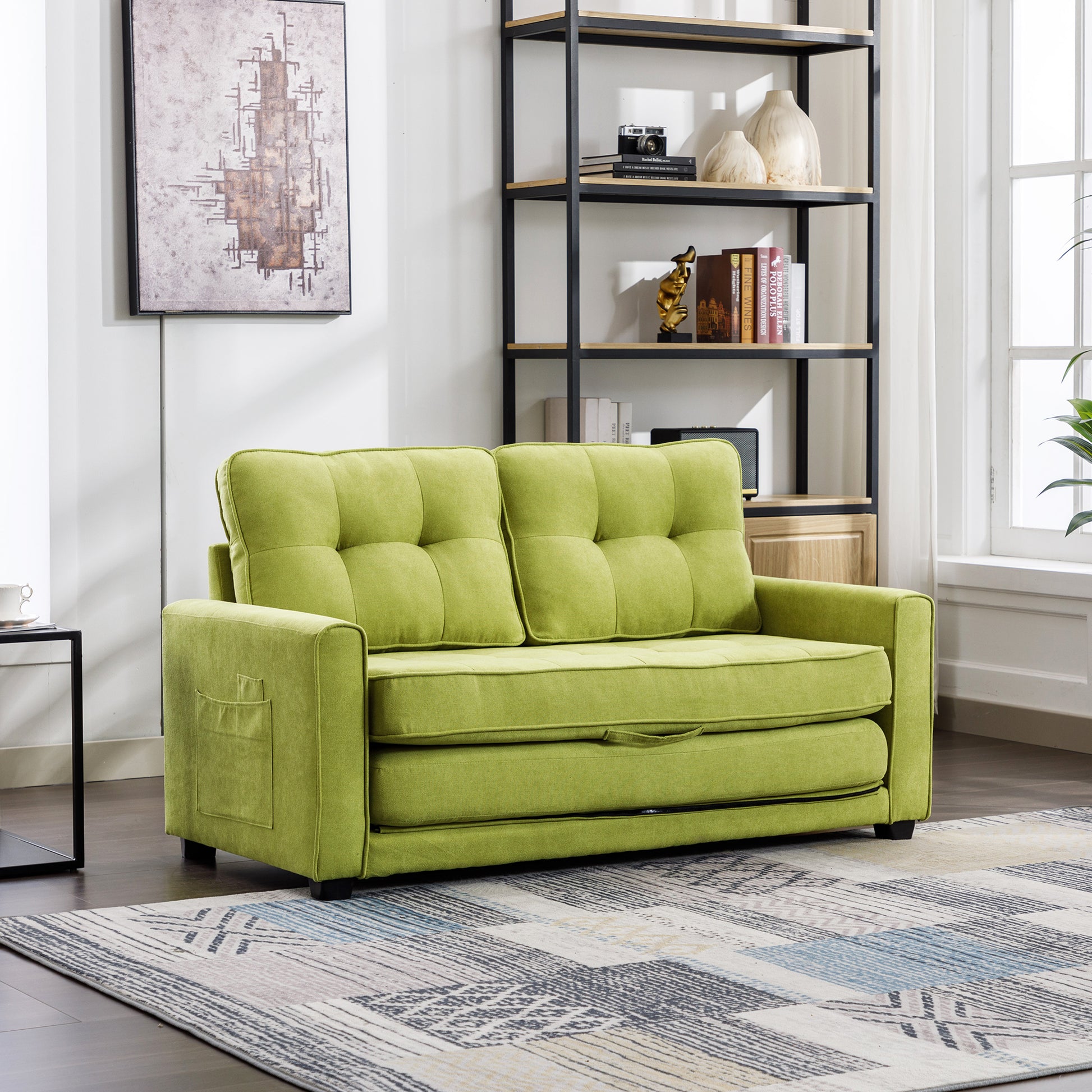 59.4" Loveseat Sofa With Pull Out Bed Modern Upholstered Couch With Side Pocket For Living Room Office, Green Green Chenille