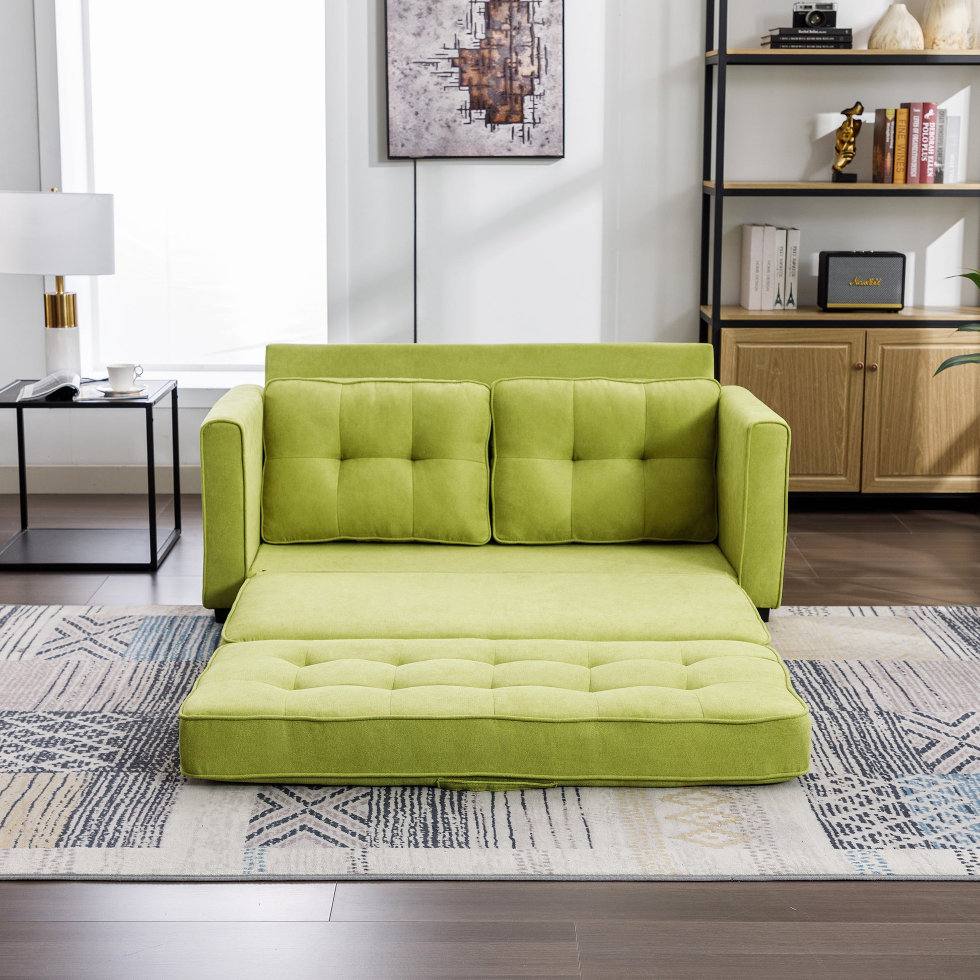 59.4" Loveseat Sofa With Pull Out Bed Modern Upholstered Couch With Side Pocket For Living Room Office, Green Green Chenille