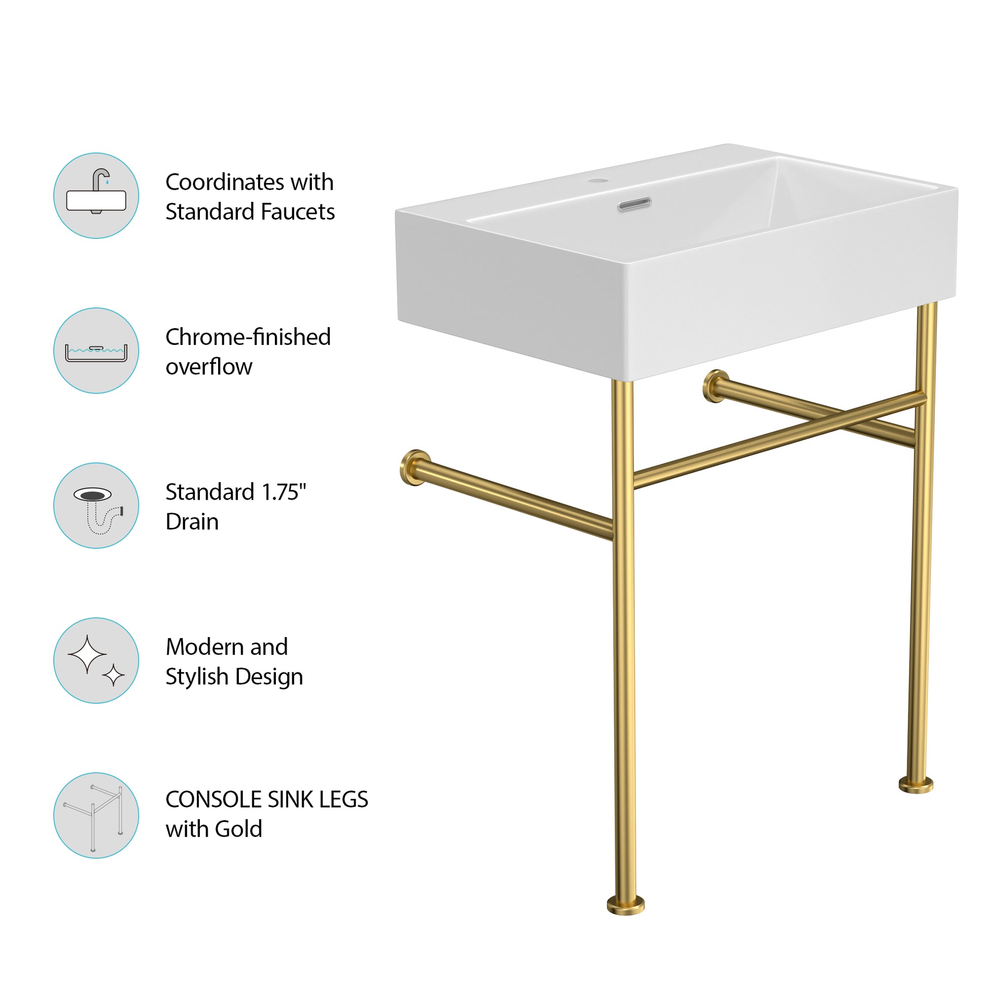 24" Bathroom Console Sink With Overflow,Ceramic Console Sink White Basin Gold Legs White Ceramic