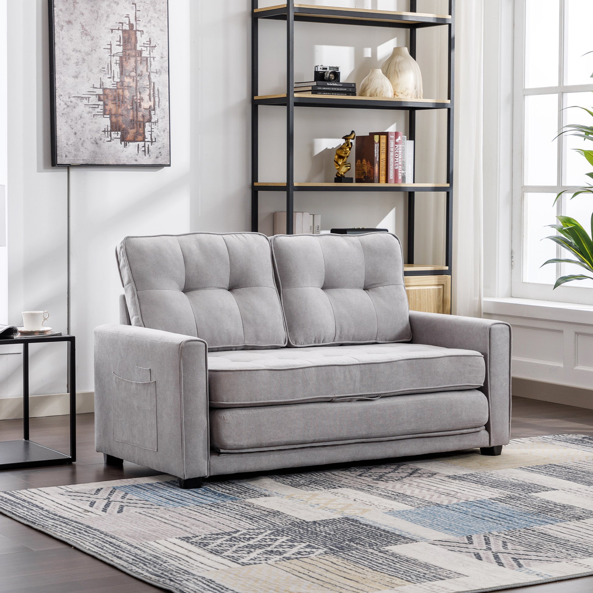 59.4" Loveseat Sofa With Pull Out Bed Modern Upholstered Couch With Side Pocket For Living Room Office, Grey Grey Chenille