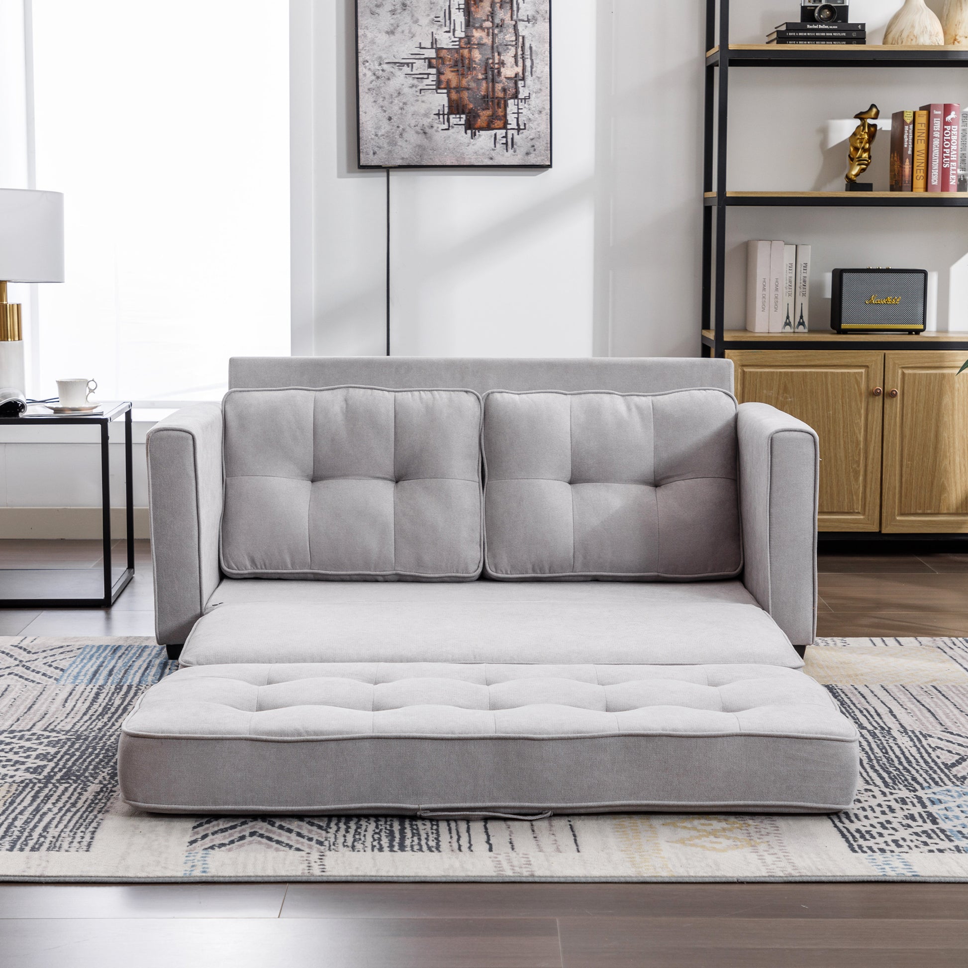 59.4" Loveseat Sofa With Pull Out Bed Modern Upholstered Couch With Side Pocket For Living Room Office, Grey Grey Chenille