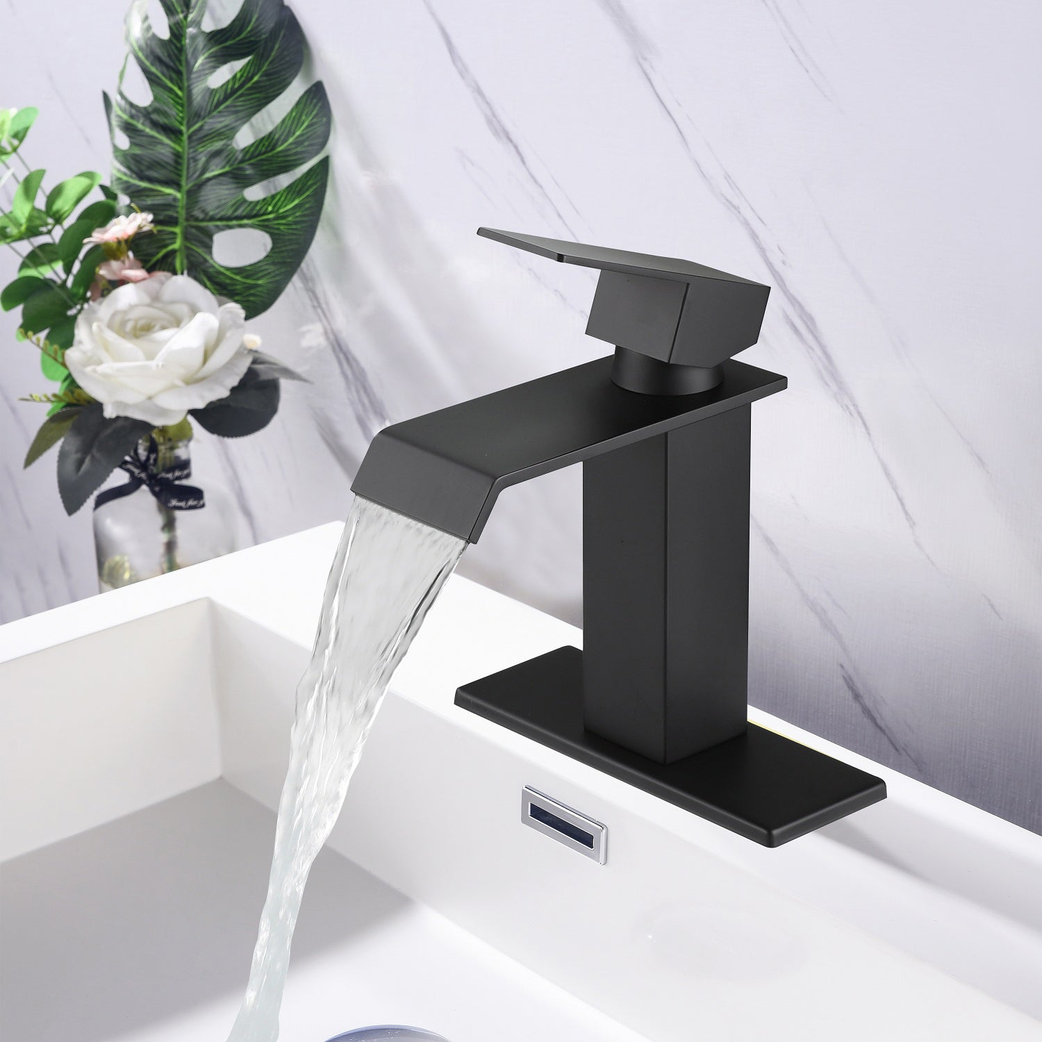 Waterfall Spout Bathroom Faucet,Single Handle Bathroom Vanity Sink Faucet Matte Black Stainless Steel