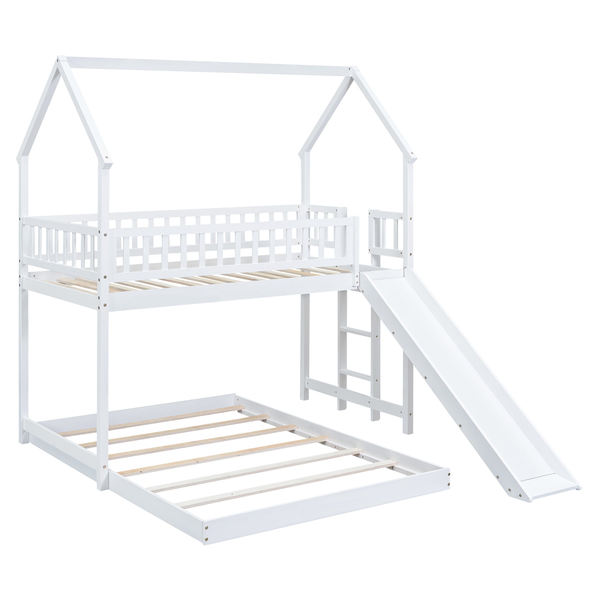 Twin Over Full House Bunk Bed With Slide And Built In Ladder, Full Length Guardrail, White White Pine