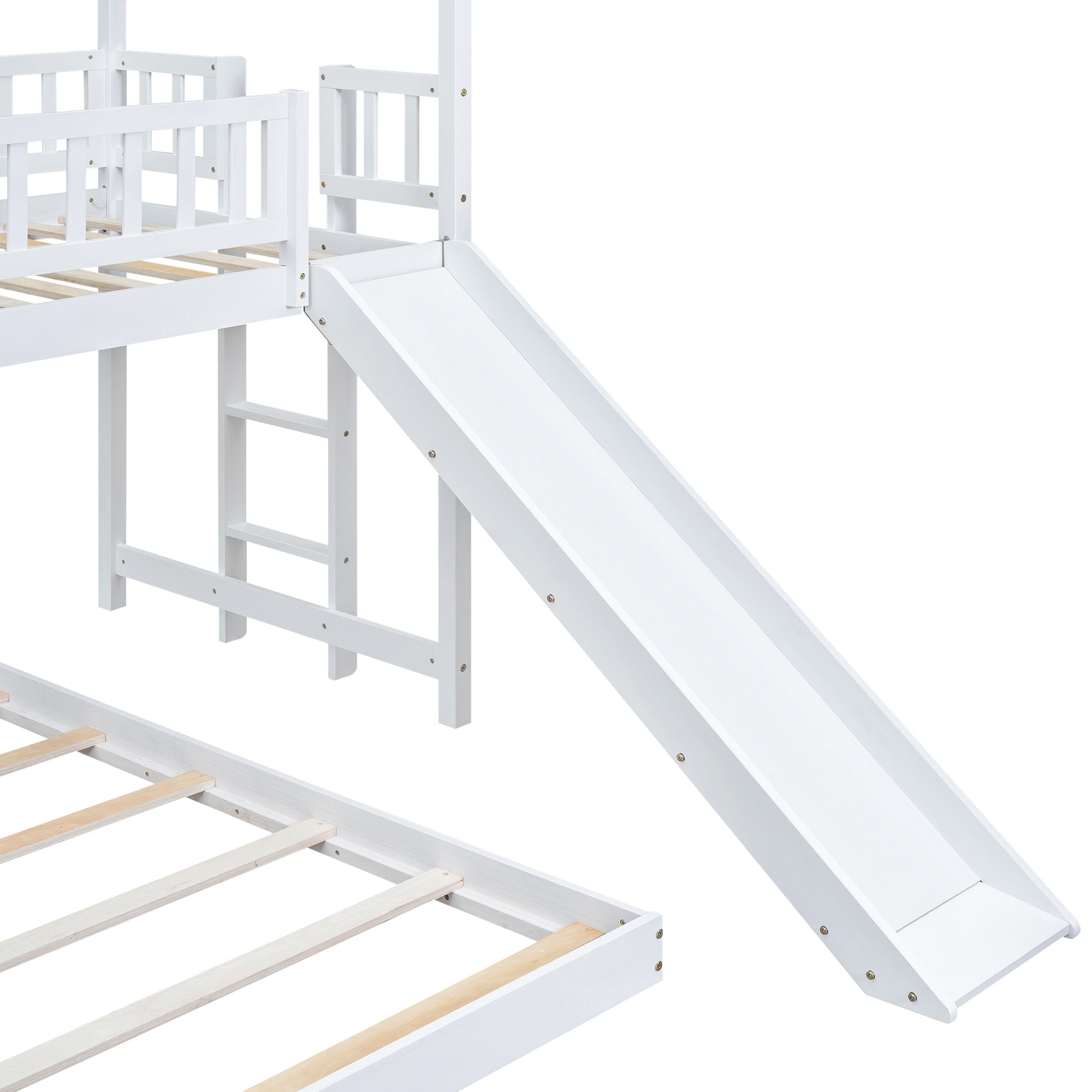 Twin Over Full House Bunk Bed With Slide And Built In Ladder, Full Length Guardrail, White White Pine