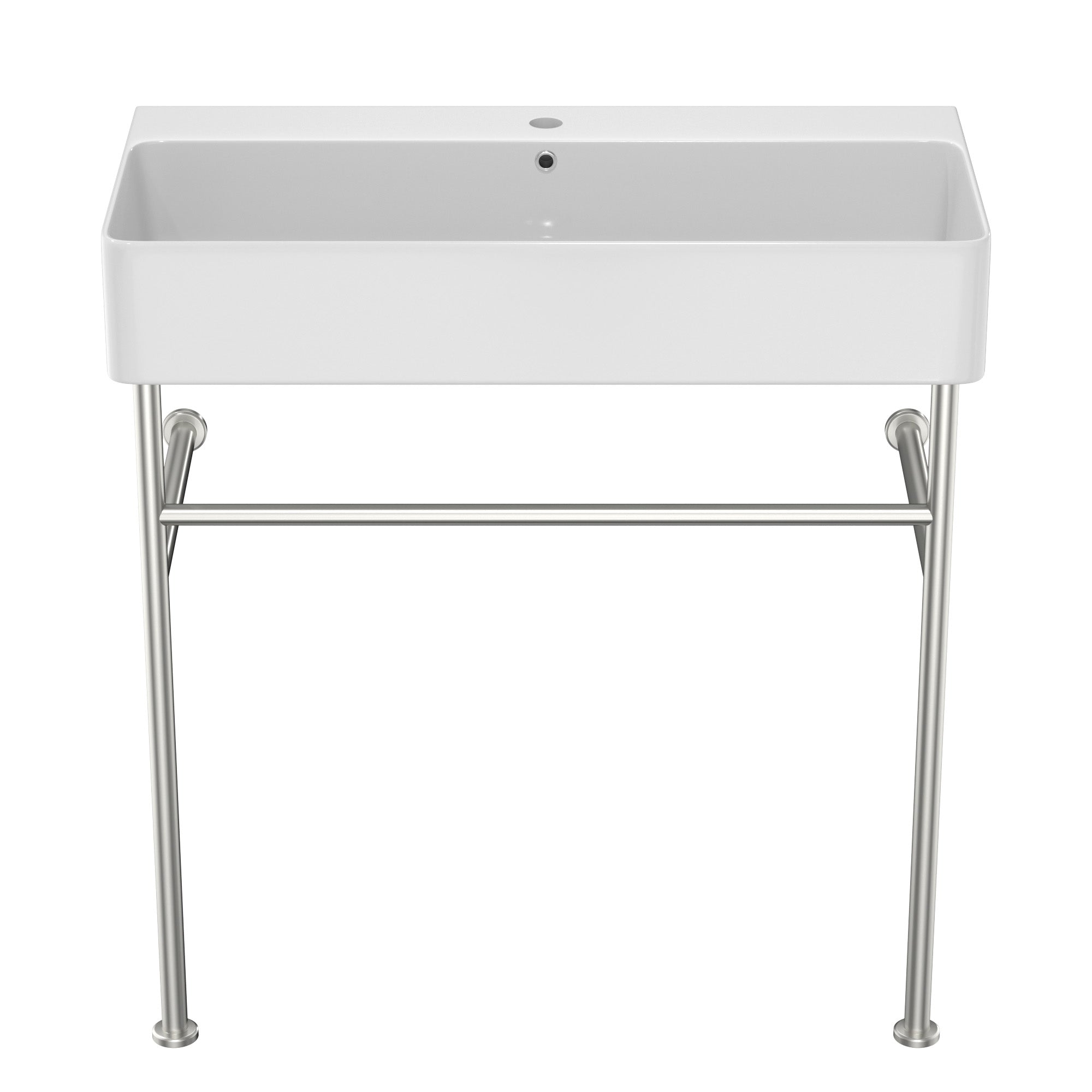 35" Bathroom Console Sink With Overflow,Ceramic Console Sink White Basin Polished Nicke Legs White Ceramic