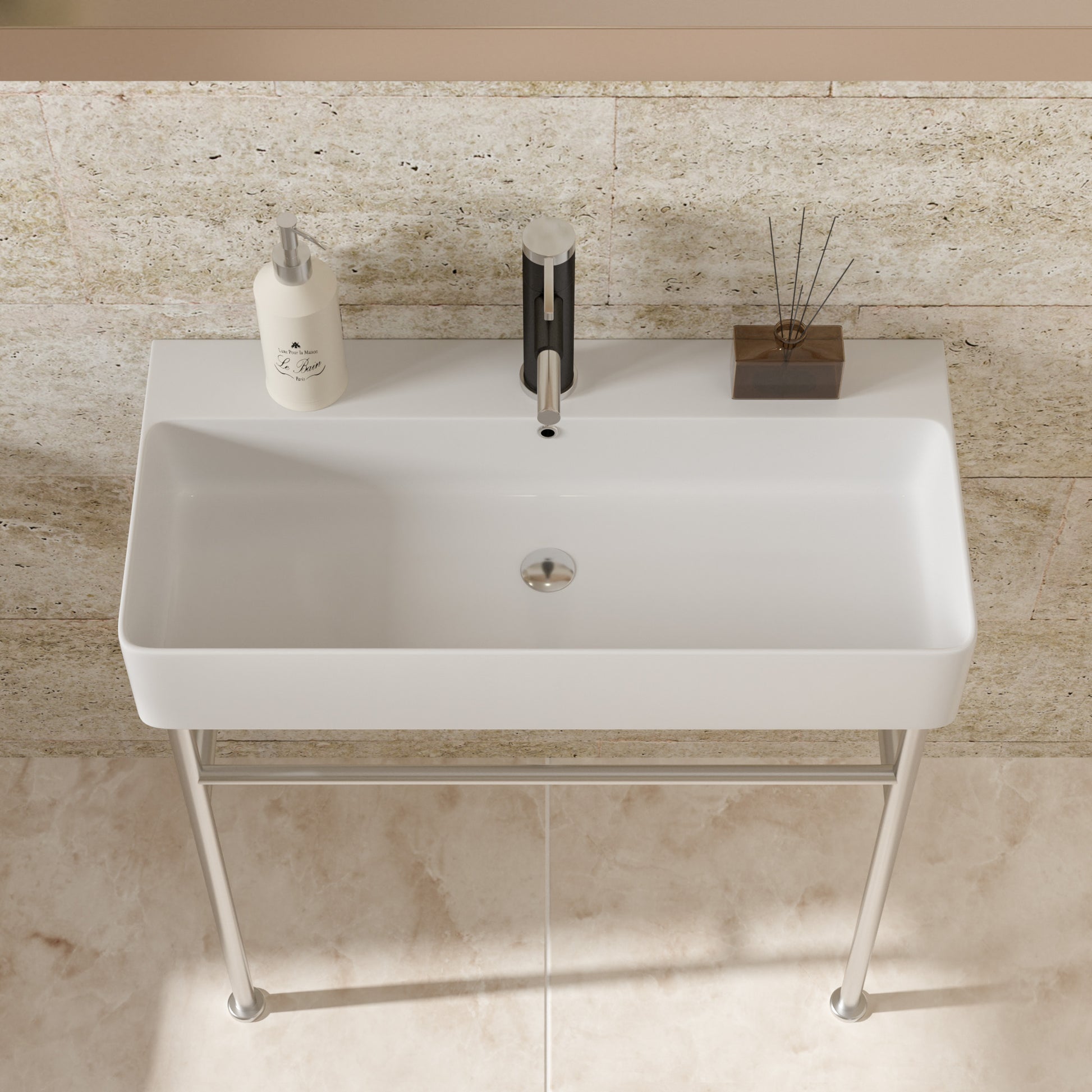 35" Bathroom Console Sink With Overflow,Ceramic Console Sink White Basin Polished Nicke Legs White Ceramic