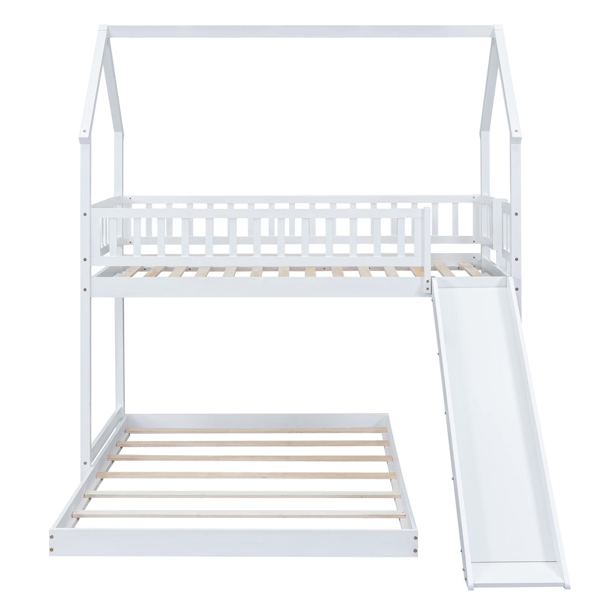 Twin Over Full House Bunk Bed With Slide And Built In Ladder, Full Length Guardrail, White White Pine