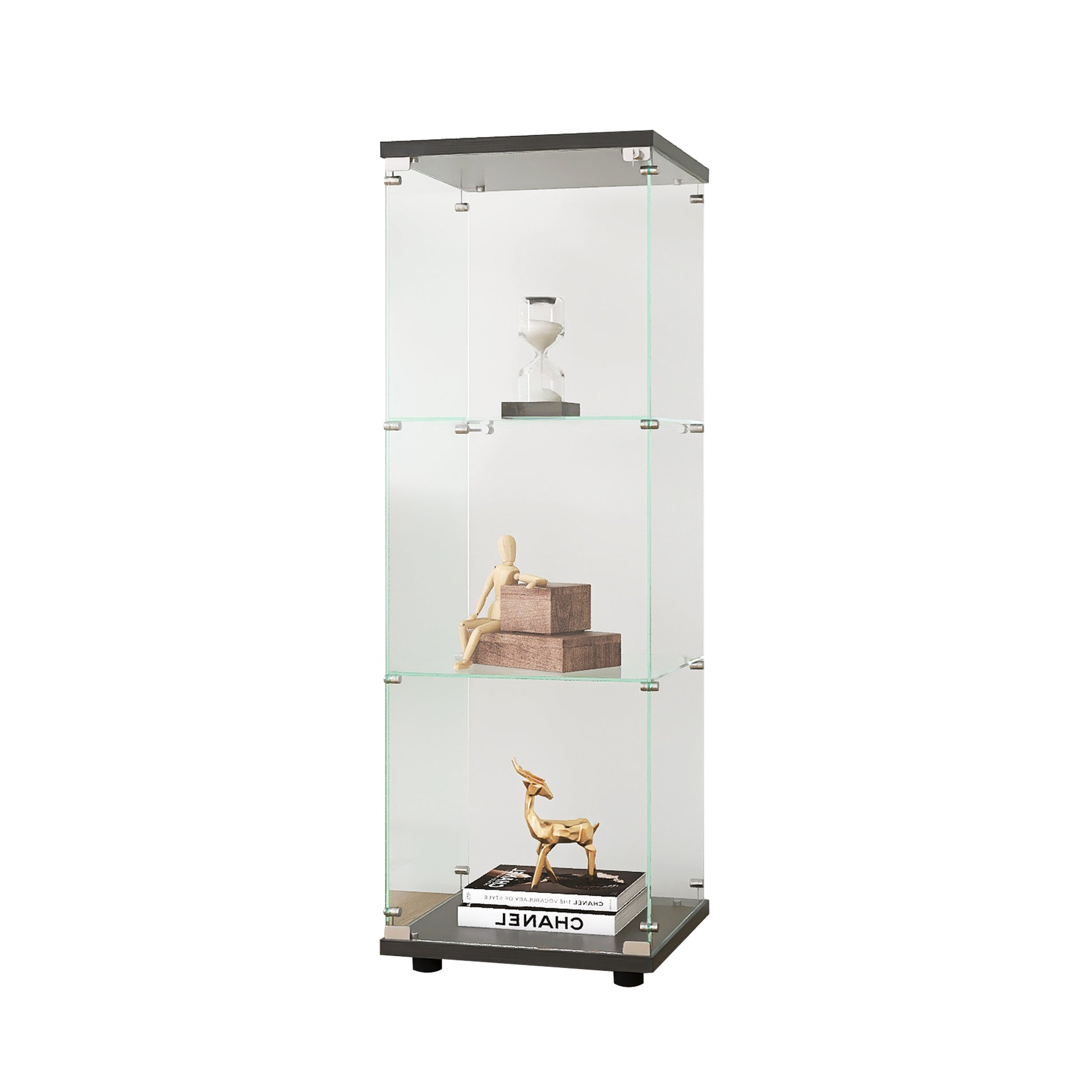 Glass Display Cabinet With 3 Shelves, One Door Curio Cabinets For Living Room, Bedroom, Office, Black Floor Standing Glass Bookshelf, Quick Installation Black Glass