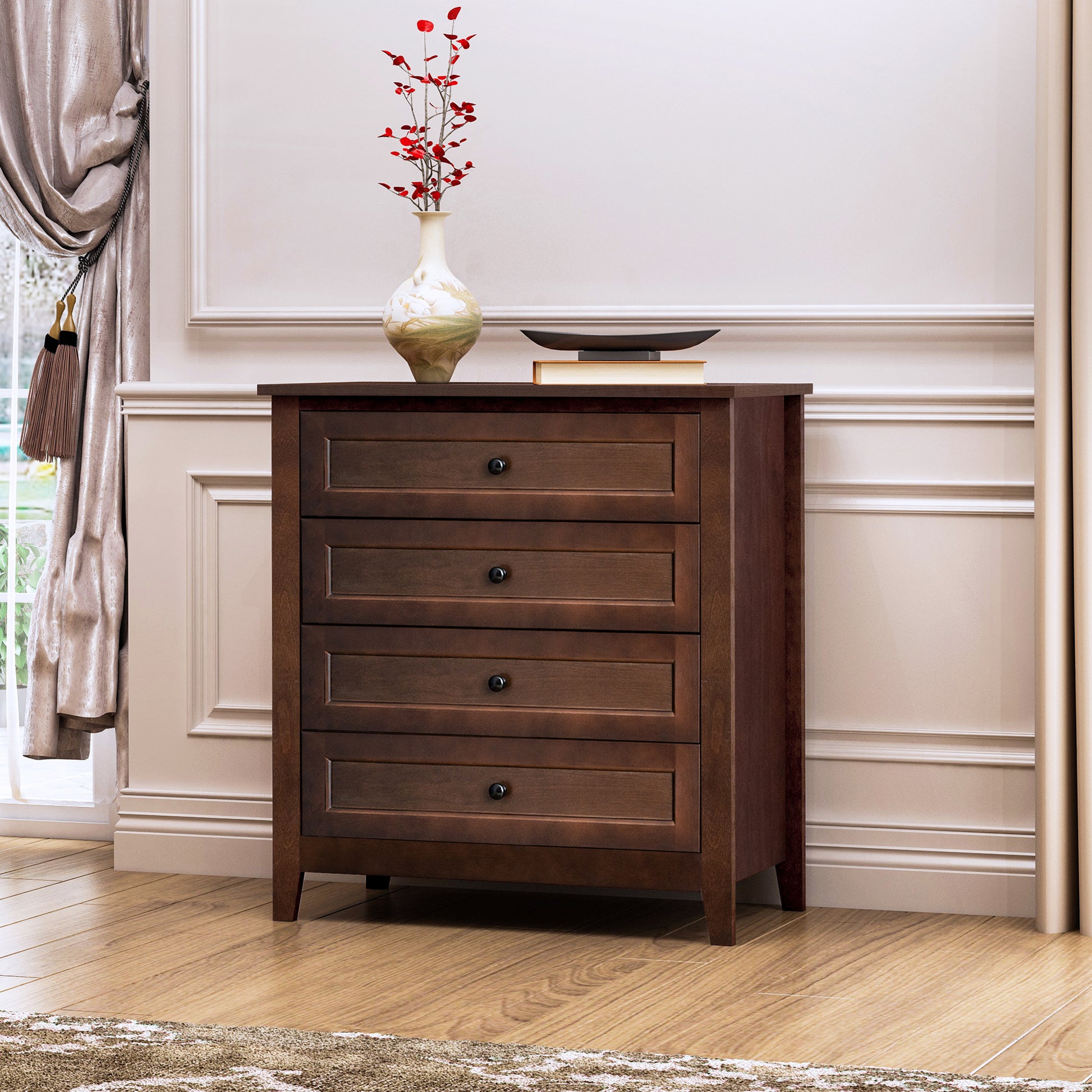 Solid Wood Spray Painted Drawer Dresser Bar,Buffet Tableware Cabinet Lockers Buffet Server Console Table Lockers, Retro Round Handle, Applicable To The Dining Room, Living Room,Kitchen Corridor,Auburn 3 4 Drawers Auburn Brown Primary Living Space Solid