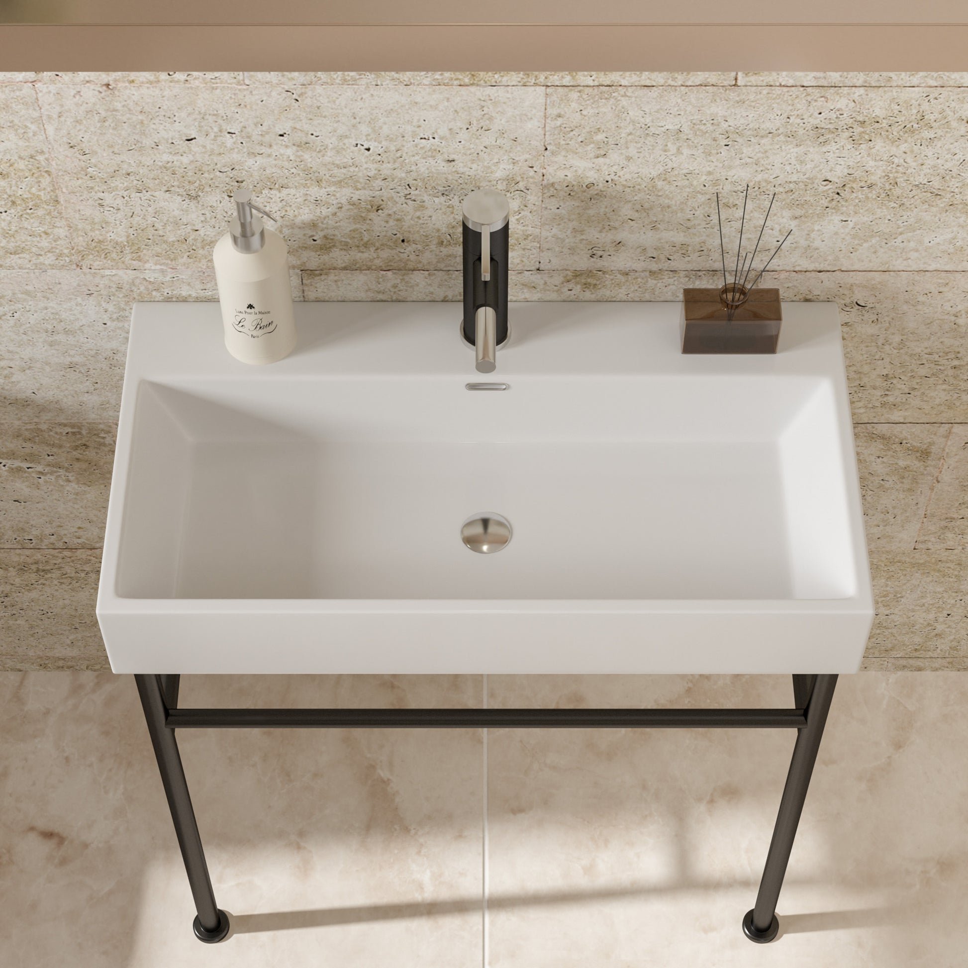 30" Bathroom Console Sink With Overflow,Ceramic Console Sink White Basin Black Legs White Ceramic