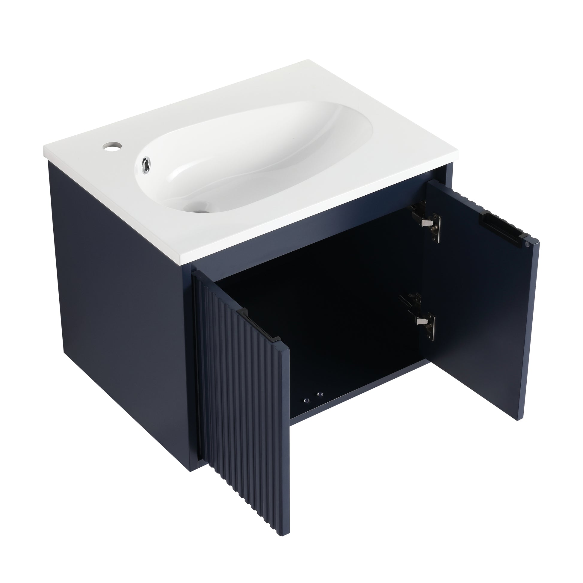 24" Floating Bathroom Vanity With Drop Shaped Resin Sink Navy Blue 2 Bathroom Wall Mounted Modern Plywood