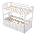 Twin Over Twin Wood Bunk Bed With Trundle And Drawers,White Box Spring Not Required Twin White Wood Bedroom Pine Bunk Pine