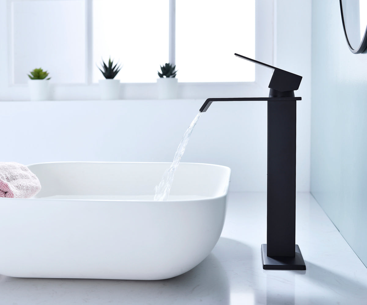 Rozin Black Bathroom Sink Faucet – Single Handle Waterfall Mixer Tap With 6” Cover Plate, Matte Black, Modern