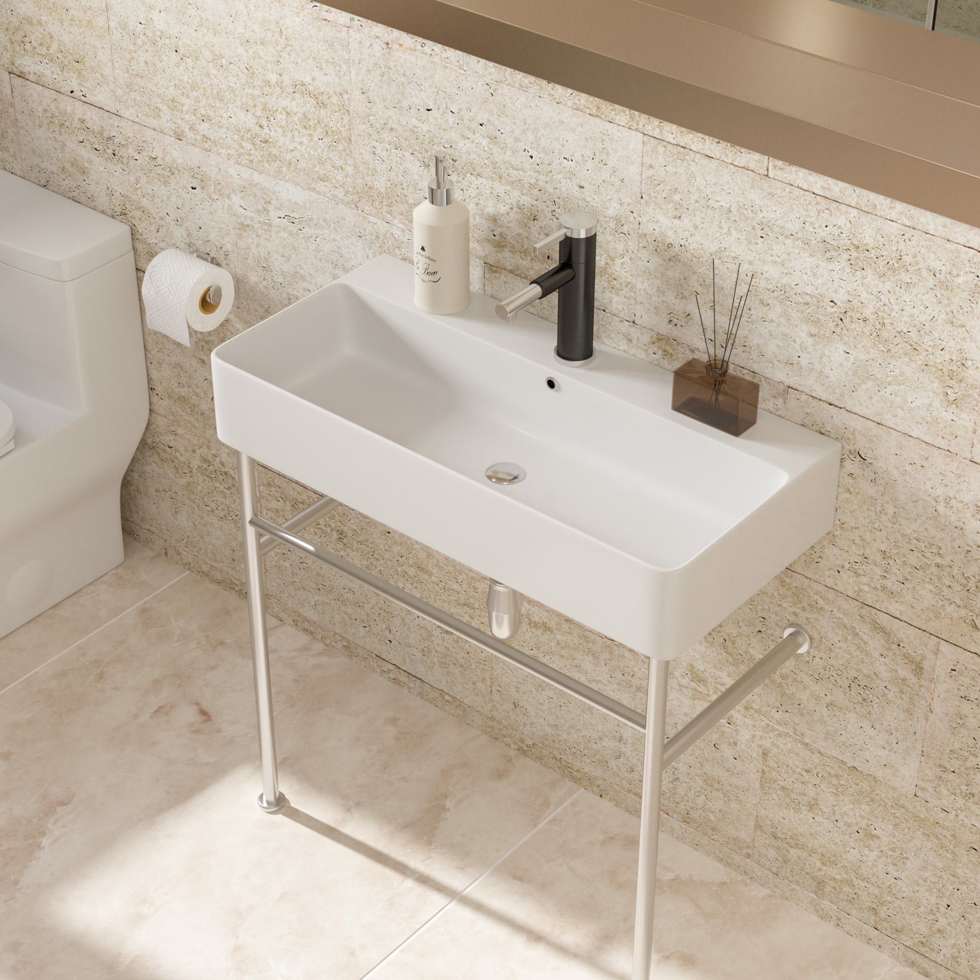 32" Bathroom Console Sink With Overflow,Ceramic Console Sink White Basin Polished Nicke Legs White Ceramic