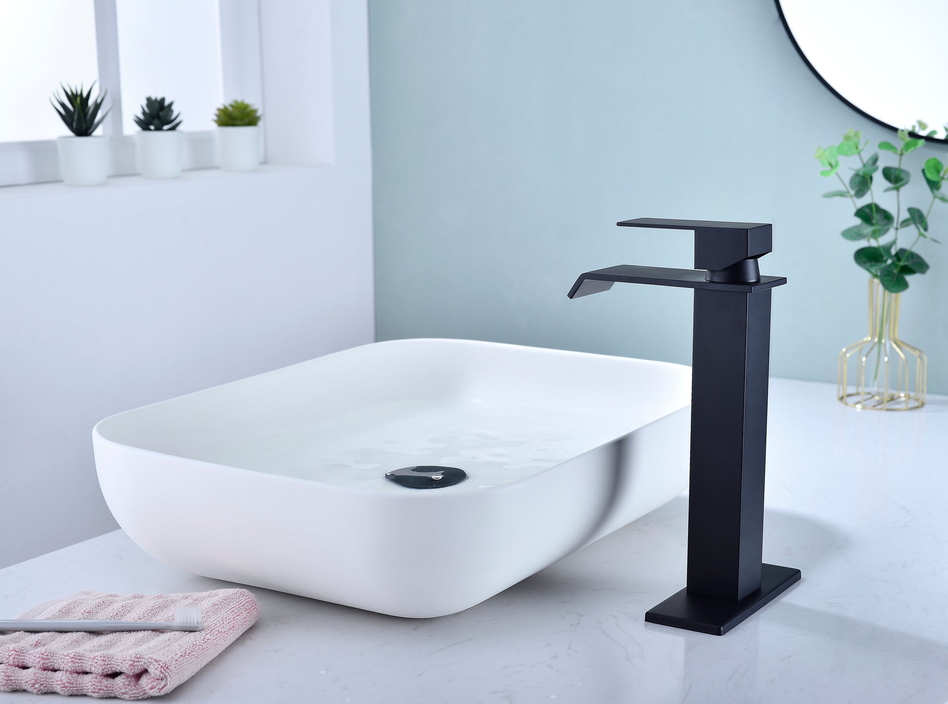 Waterfall Spout Bathroom Faucet,Single Handle Bathroom Vanity Sink Faucet Matte Black Stainless Steel