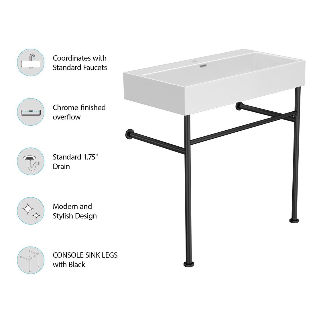 30" Bathroom Console Sink With Overflow,Ceramic Console Sink White Basin Black Legs White Ceramic