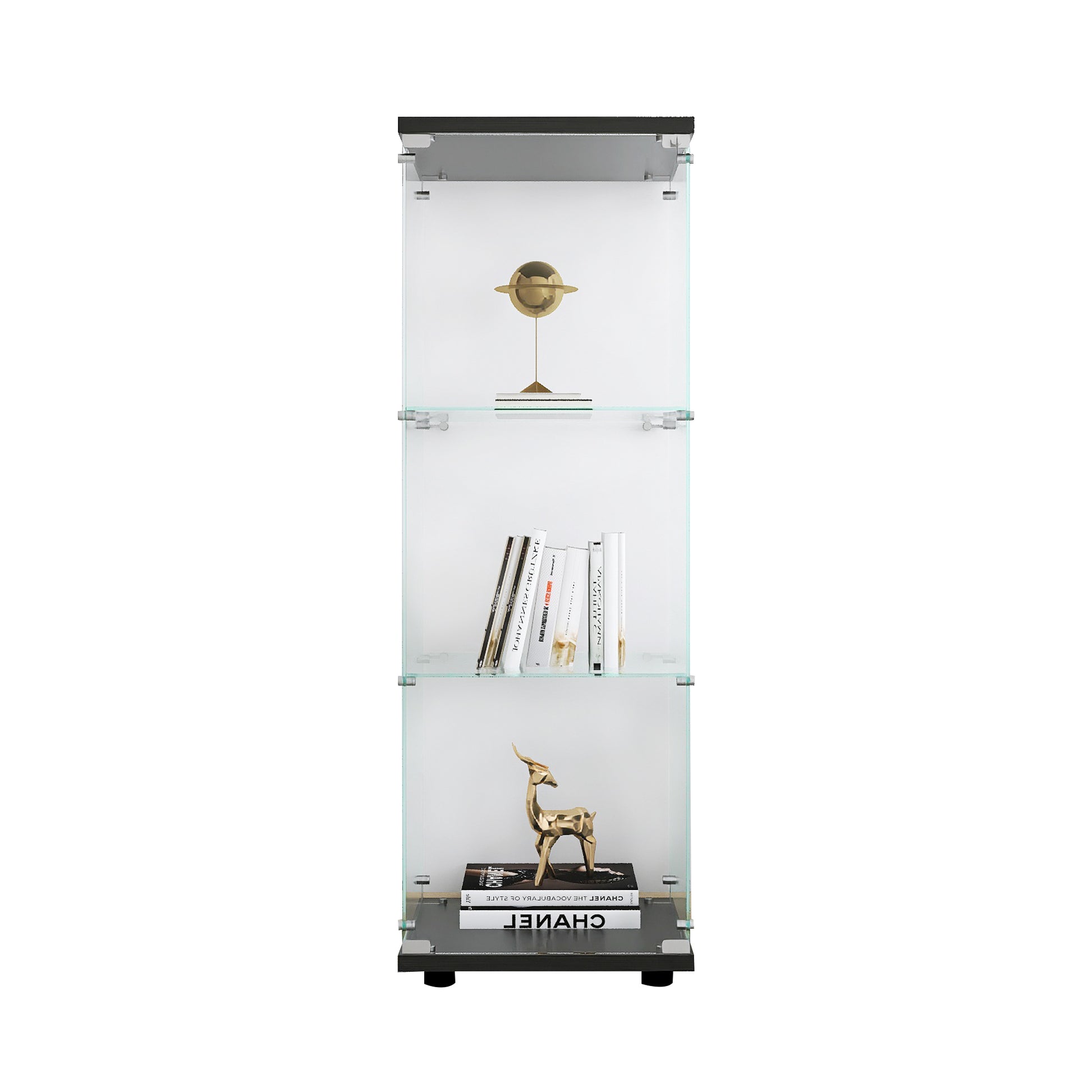 Glass Display Cabinet With 3 Shelves, One Door Curio Cabinets For Living Room, Bedroom, Office, Black Floor Standing Glass Bookshelf, Quick Installation Black Glass