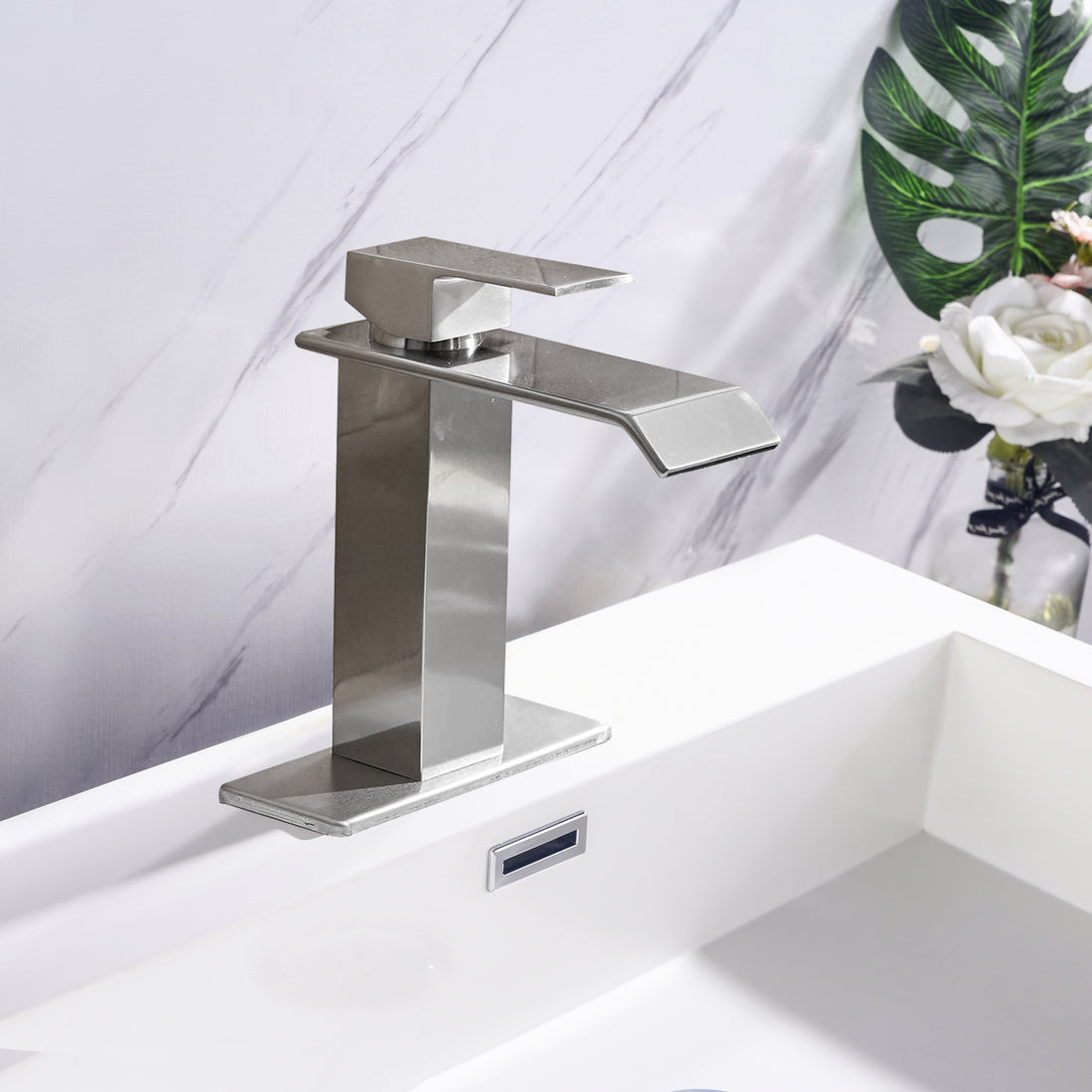 Waterfall Spout Bathroom Faucet,Single Handle Bathroom Vanity Sink Faucet Brushed Nickel Stainless Steel