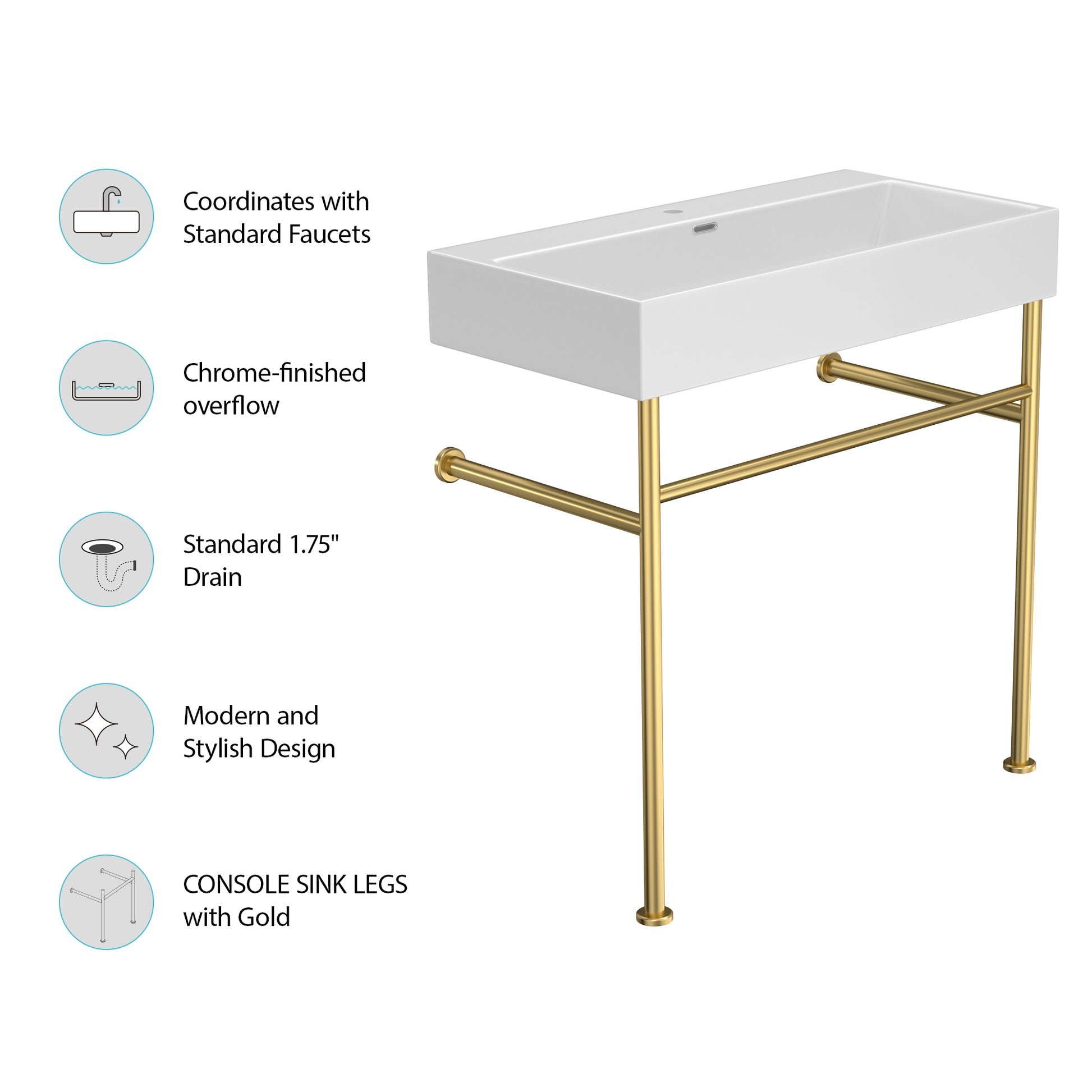 30" Bathroom Console Sink With Overflow,Ceramic Console Sink White Basin Gold Legs White Ceramic