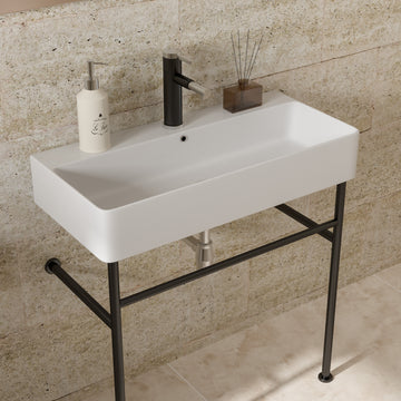 32" Bathroom Console Sink With Overflow,Ceramic Console Sink White Basin Black Legs White Ceramic