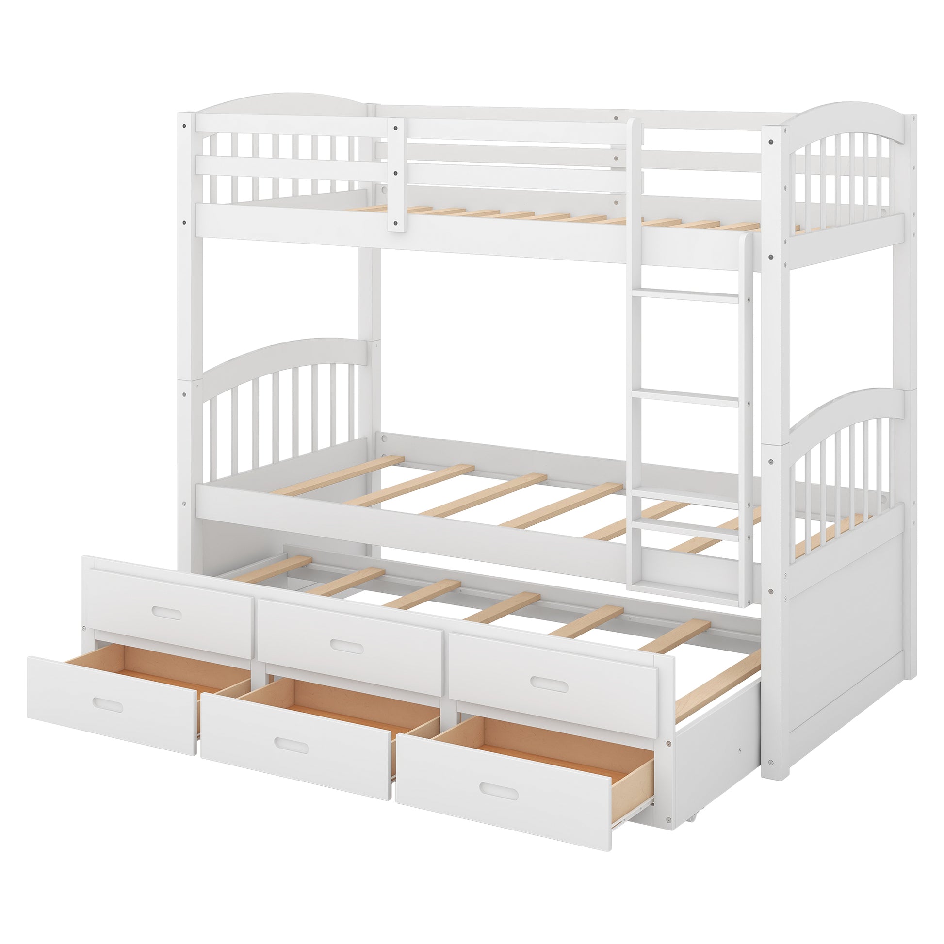 Twin Over Twin Wood Bunk Bed With Trundle And Drawers,White Box Spring Not Required Twin White Wood Bedroom Pine Bunk Pine