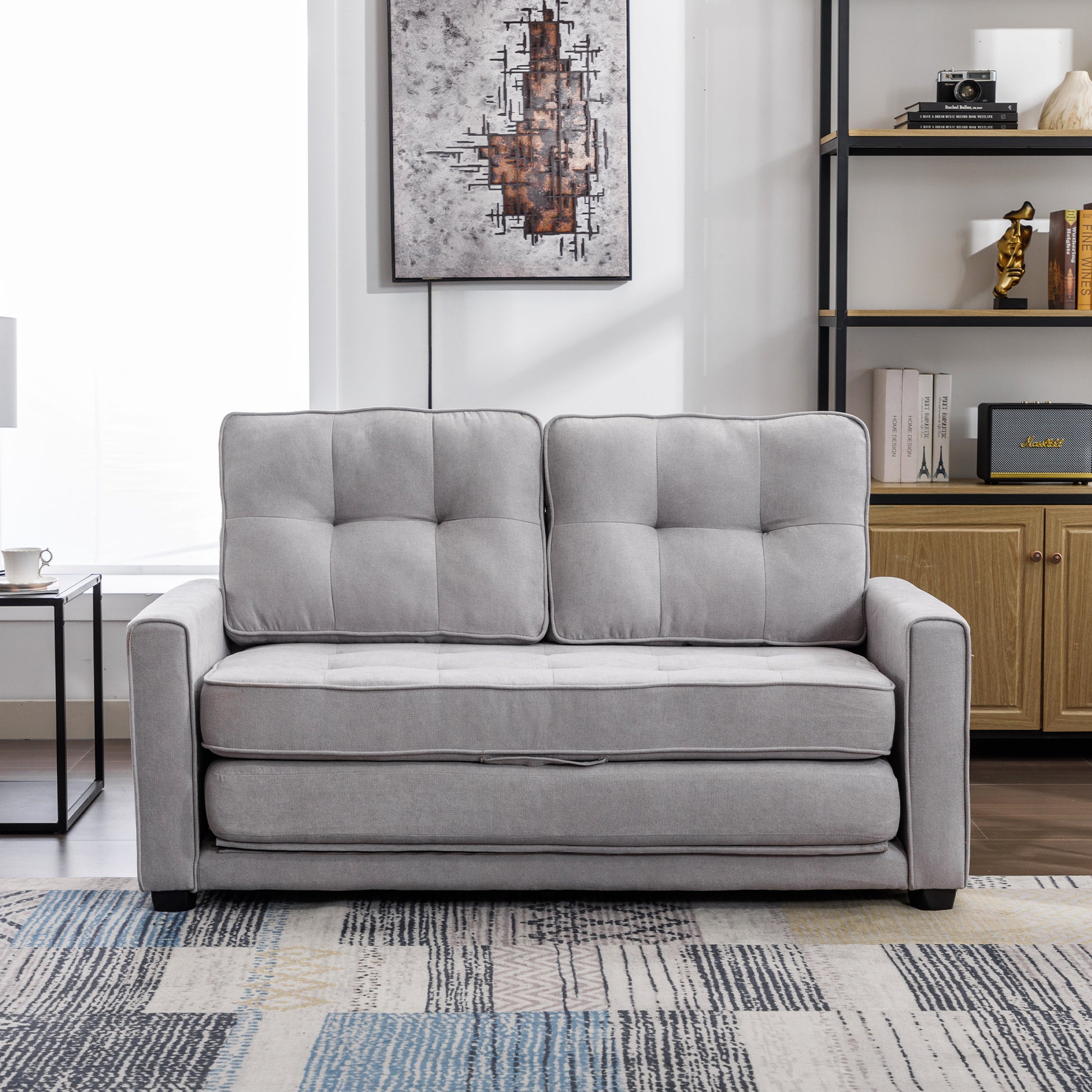 59.4" Loveseat Sofa With Pull Out Bed Modern Upholstered Couch With Side Pocket For Living Room Office, Grey Grey Chenille