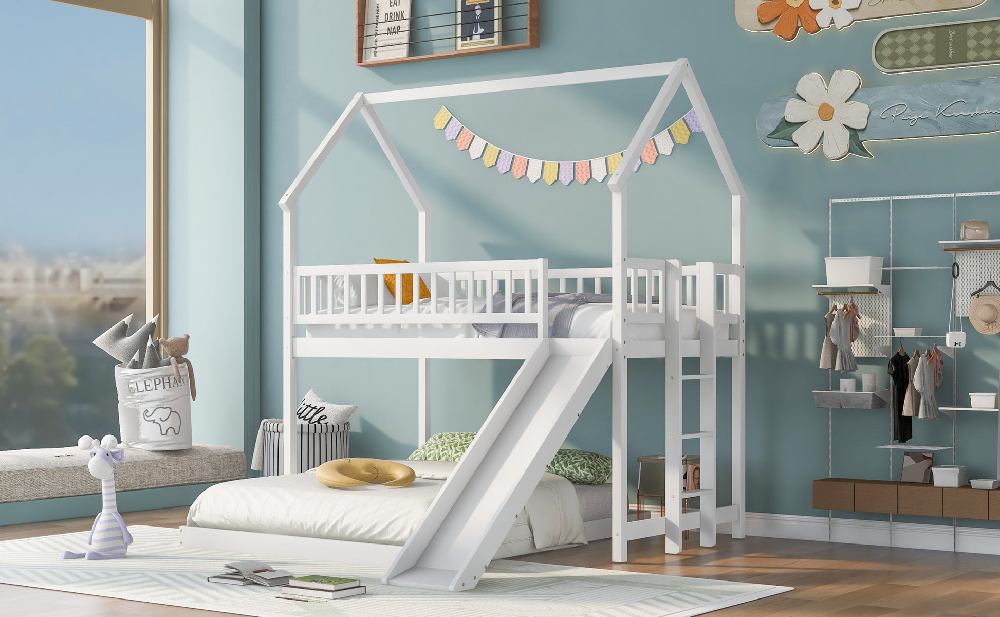 Twin Over Full House Bunk Bed With Slide And Built In Ladder, Full Length Guardrail, White White Pine