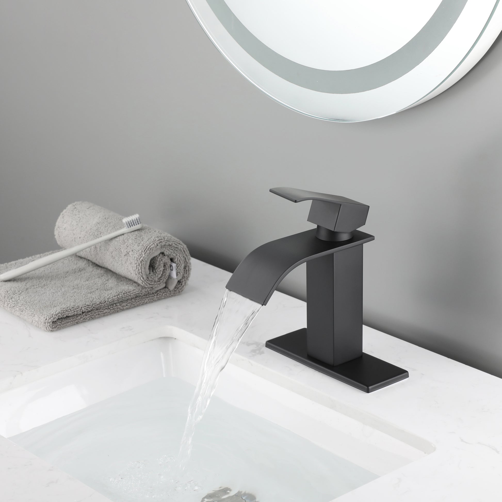 Waterfall Spout Bathroom Faucet,Single Handle Bathroom Vanity Sink Faucet Matte Black Stainless Steel