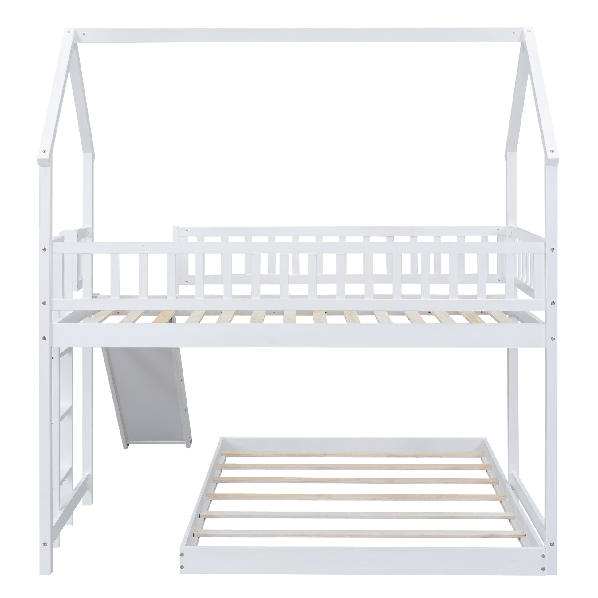 Twin Over Full House Bunk Bed With Slide And Built In Ladder, Full Length Guardrail, White White Pine