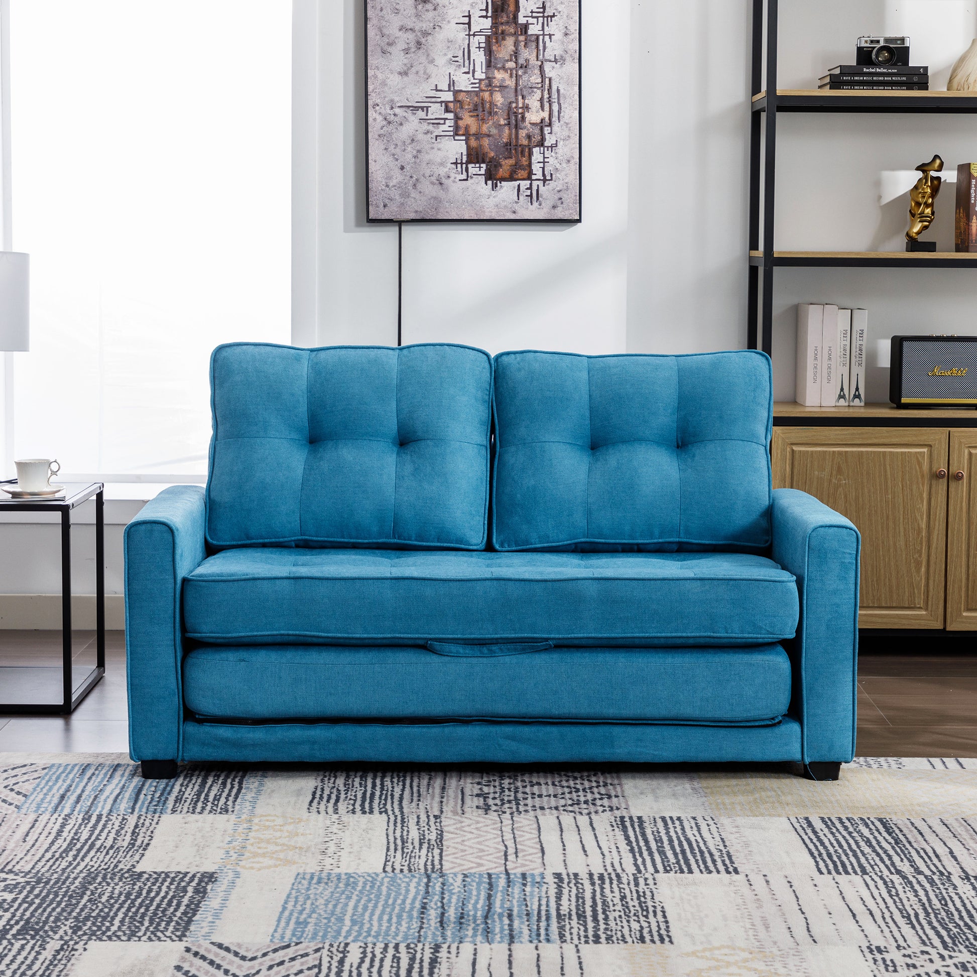 59.4" Loveseat Sofa With Pull Out Bed Modern Upholstered Couch With Side Pocket For Living Room Office, Blue Blue Chenille