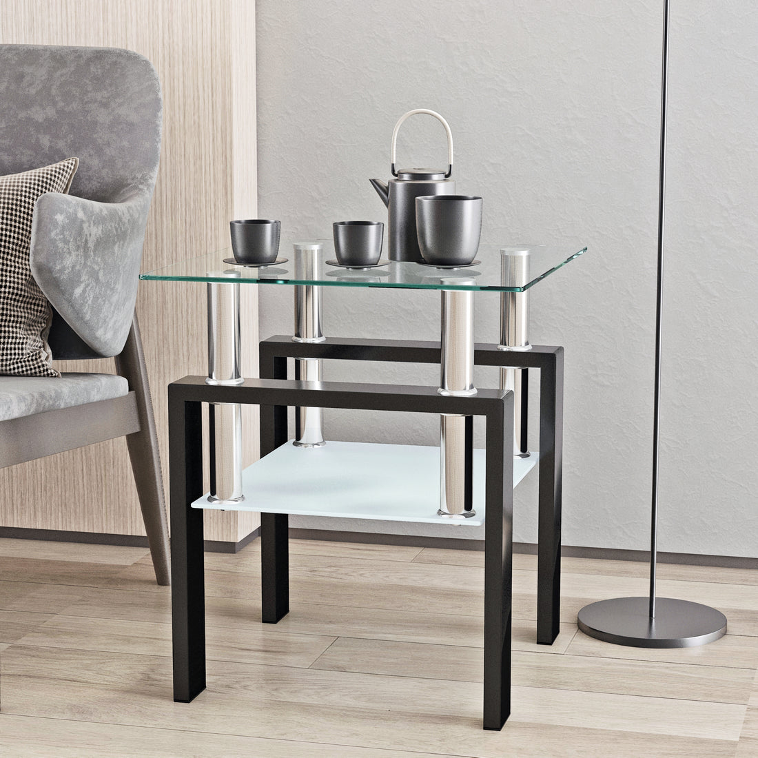 1 Piece Modern Tempered Glass Tea Table Coffee Table End Table, Square Table For Living Room, Transparent Black Transparent Tempered Glass