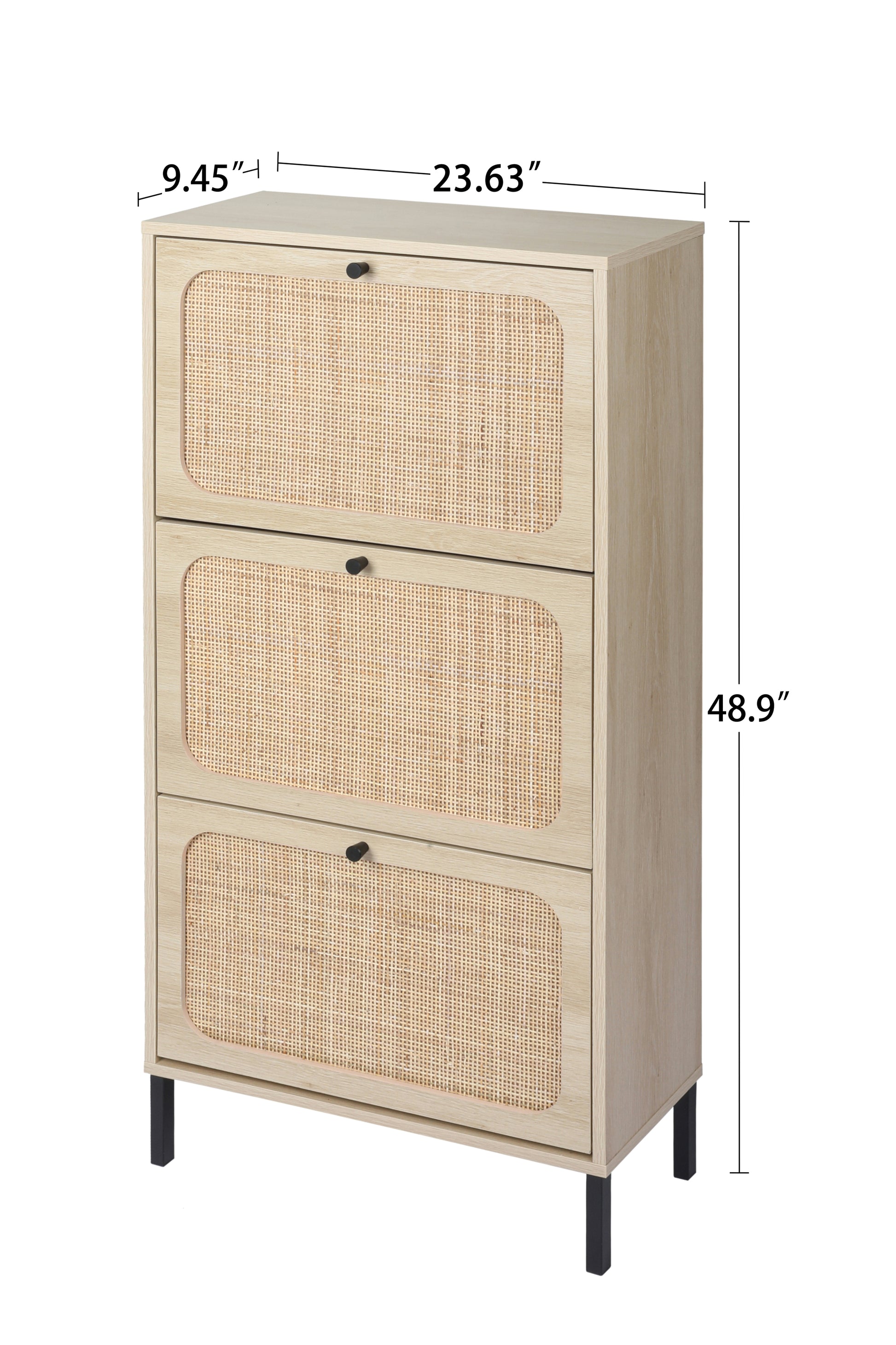 Natural Rattan 3 Door Shoe Rack, Freestanding Modern Shoe Storage Cabinet, For Entryway White Walnut Particle Board