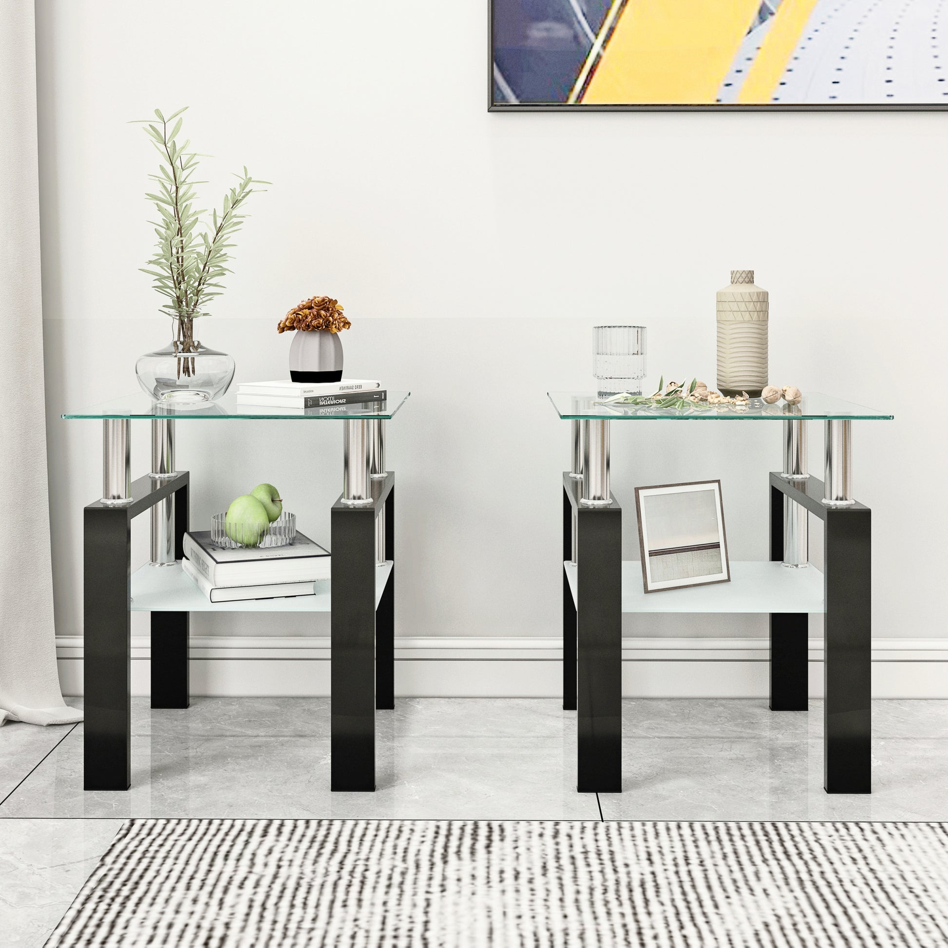 Set Of 2, Modern Tempered Glass Tea Table Coffee Table End Table, Square Table For Living Room, Transparent Black Transparent Tempered Glass