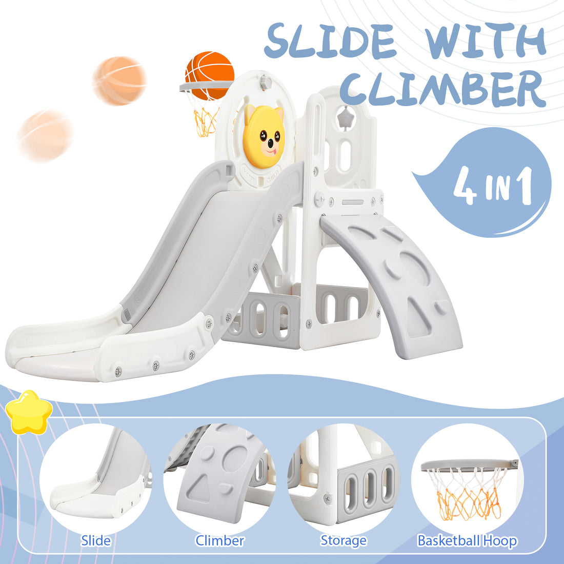 Toddler Climber And Slide Set 4 In 1, Kids Playground Climber Freestanding Slide Playset With Basketball Hoop Play Combination For Babies Indoor & Outdoor Grey Hdpe