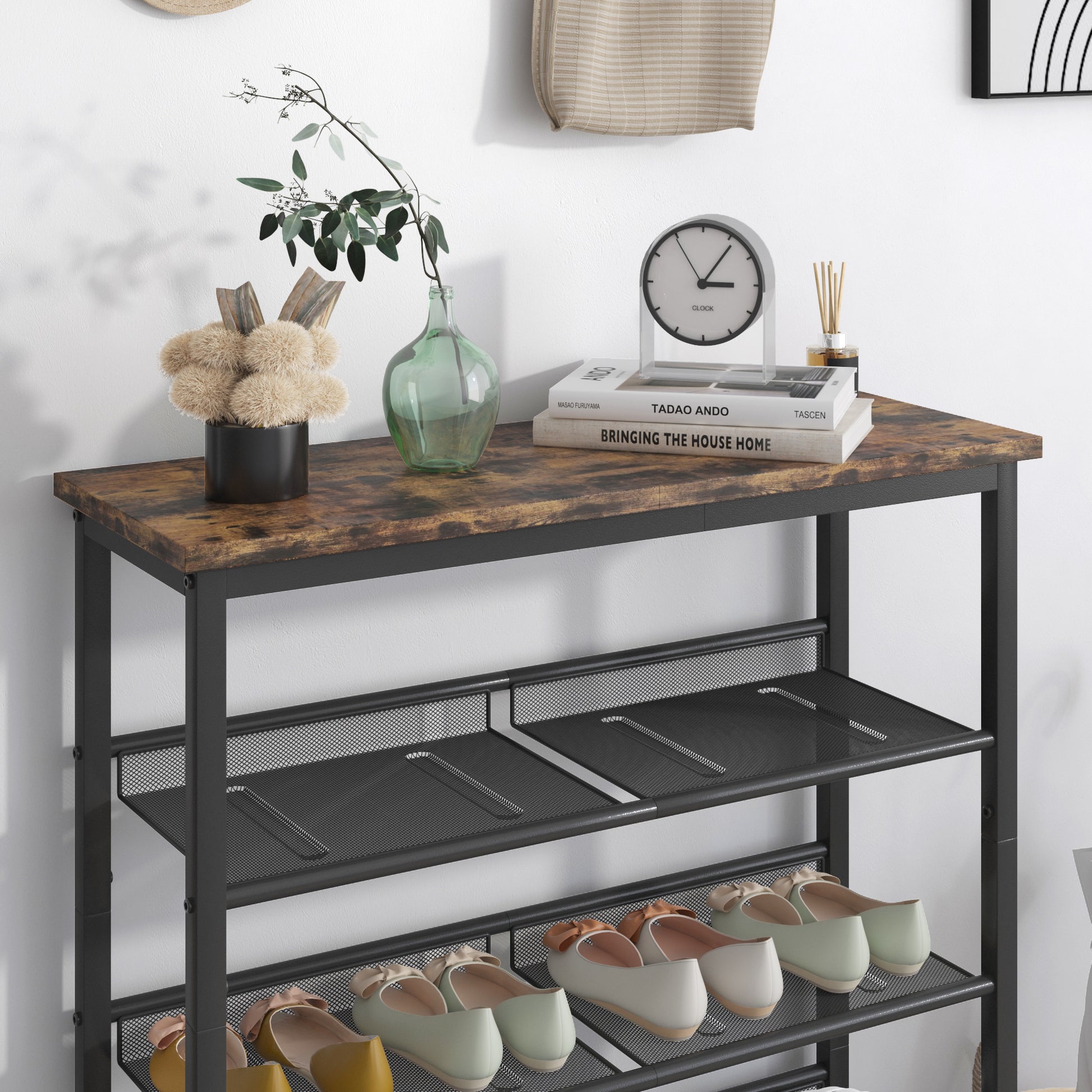 Industrial Shoe Rack, Adjustable Country Style 5 Layer Shoe Rack Storage Rack, With 4 Mesh Shelves, Suitable For Entrance, Living Room, Bedroom And Porch Black Mdf