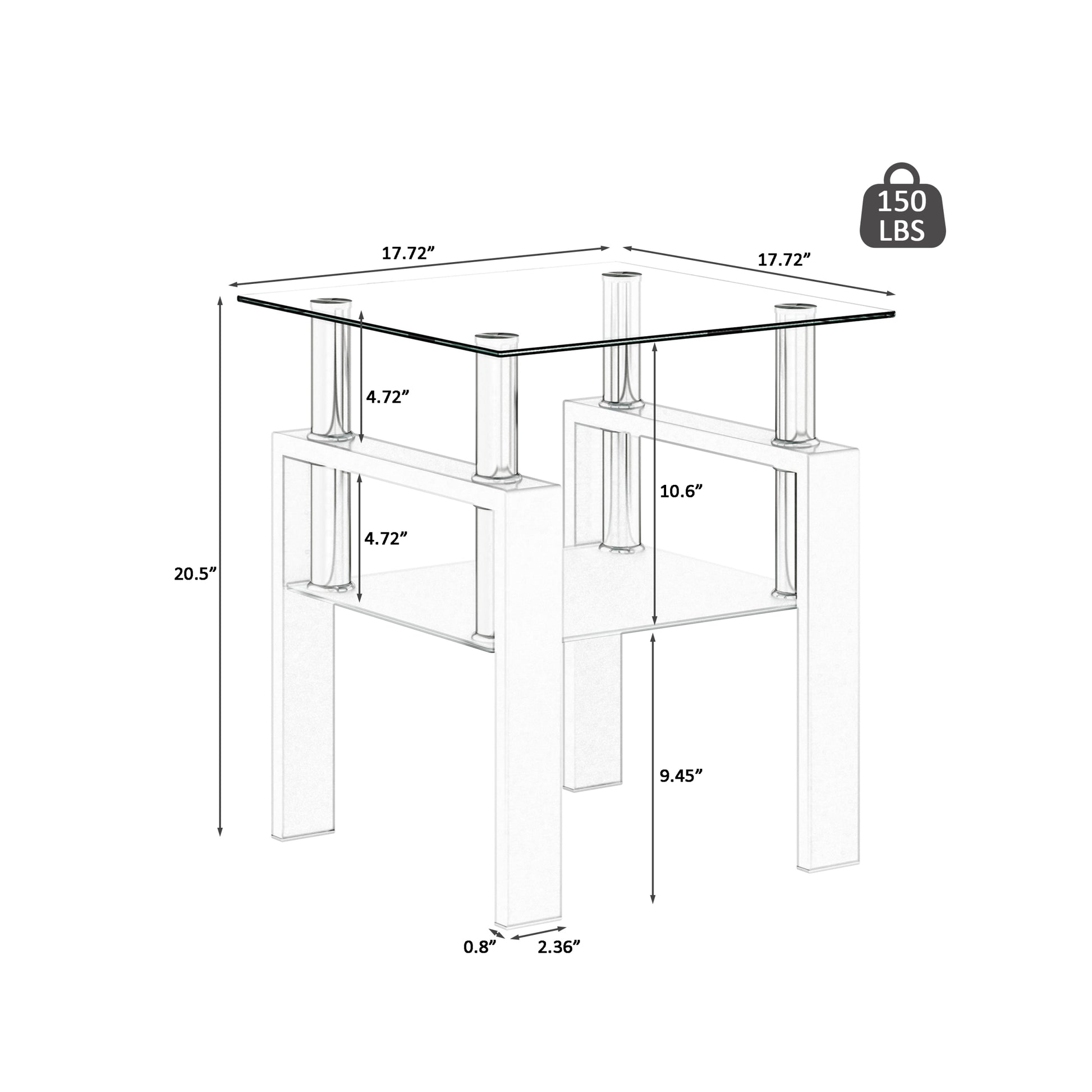 Set Of 2, Modern Tempered Glass Tea Table Coffee Table End Table, Square Table For Living Room, Transparent White White Tempered Glass