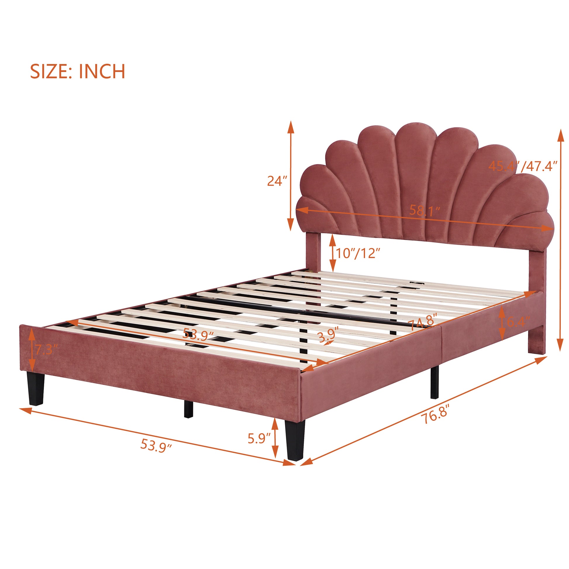 Full Size Upholstered Platform Bed With Flower Pattern Velvet Headboard, Bean Paste Red Bean Paste Red Velvet