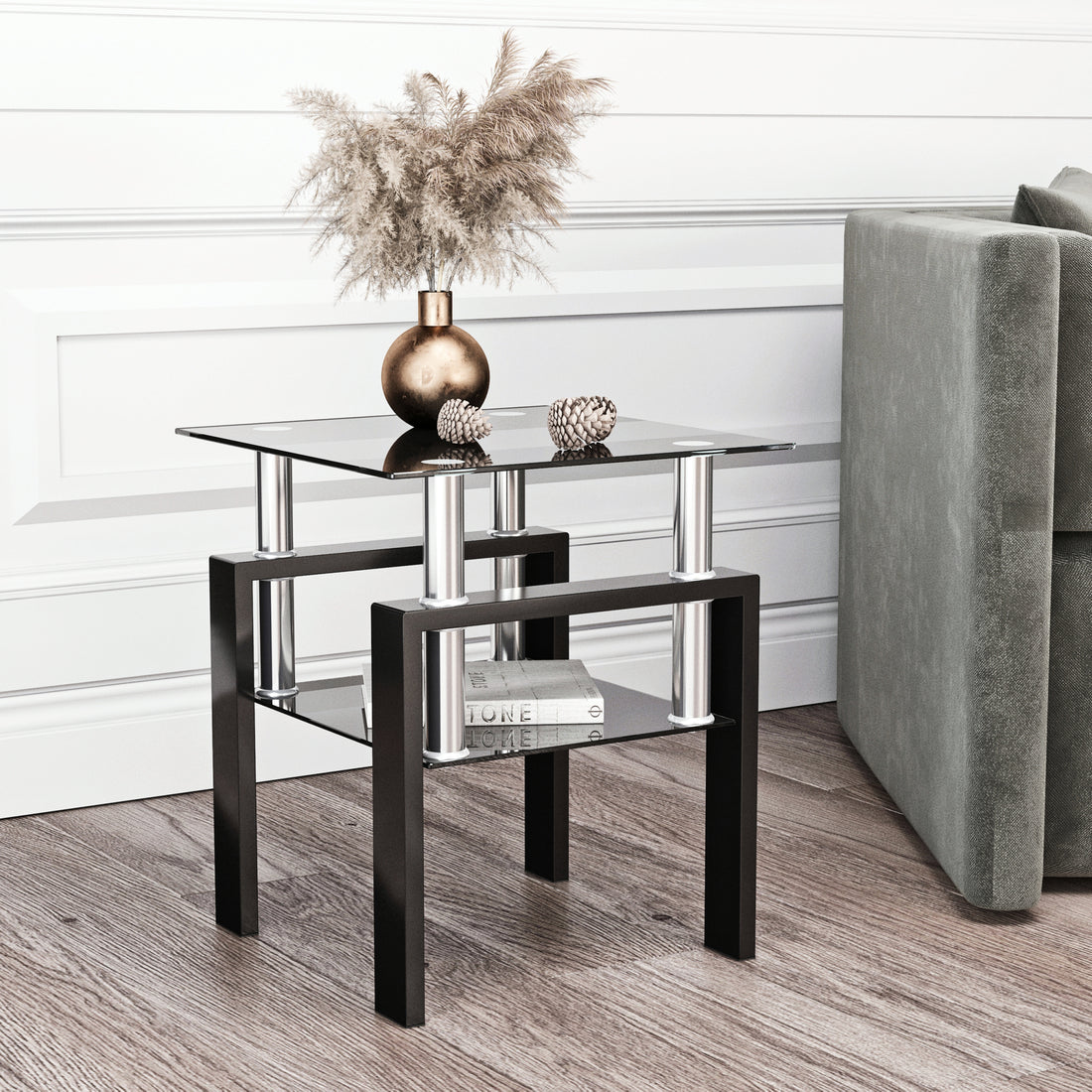 1 Piece Modern Tempered Glass Tea Table Coffee Table End Table, Square Table For Living Room, Black Black Tempered Glass