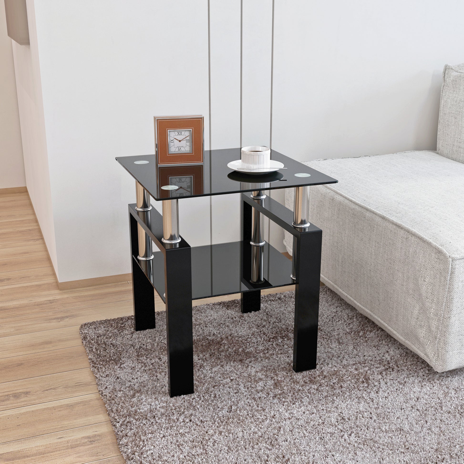 1 Piece Modern Tempered Glass Tea Table Coffee Table End Table, Square Table For Living Room, Black Black Tempered Glass