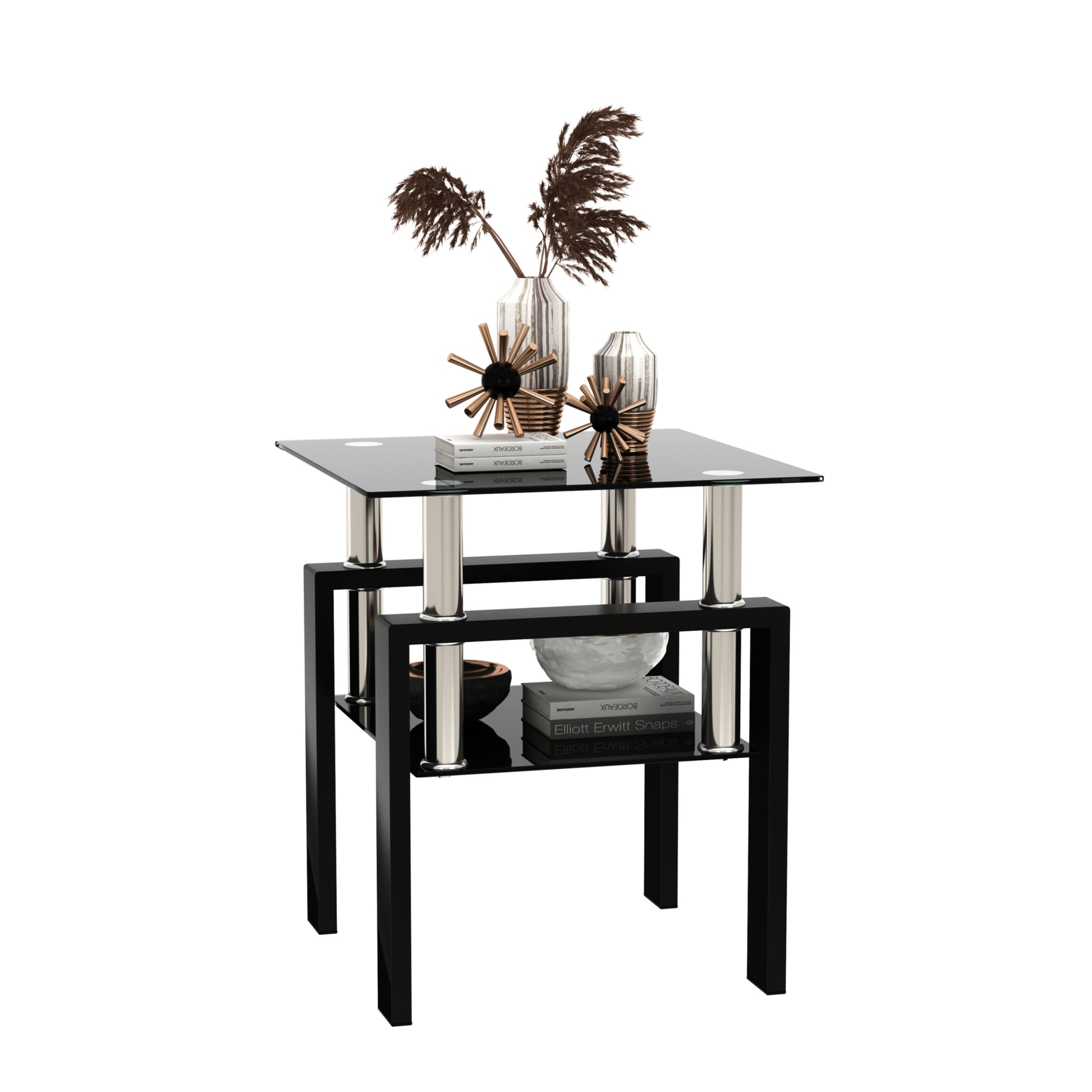 1 Piece Modern Tempered Glass Tea Table Coffee Table End Table, Square Table For Living Room, Black Black Tempered Glass