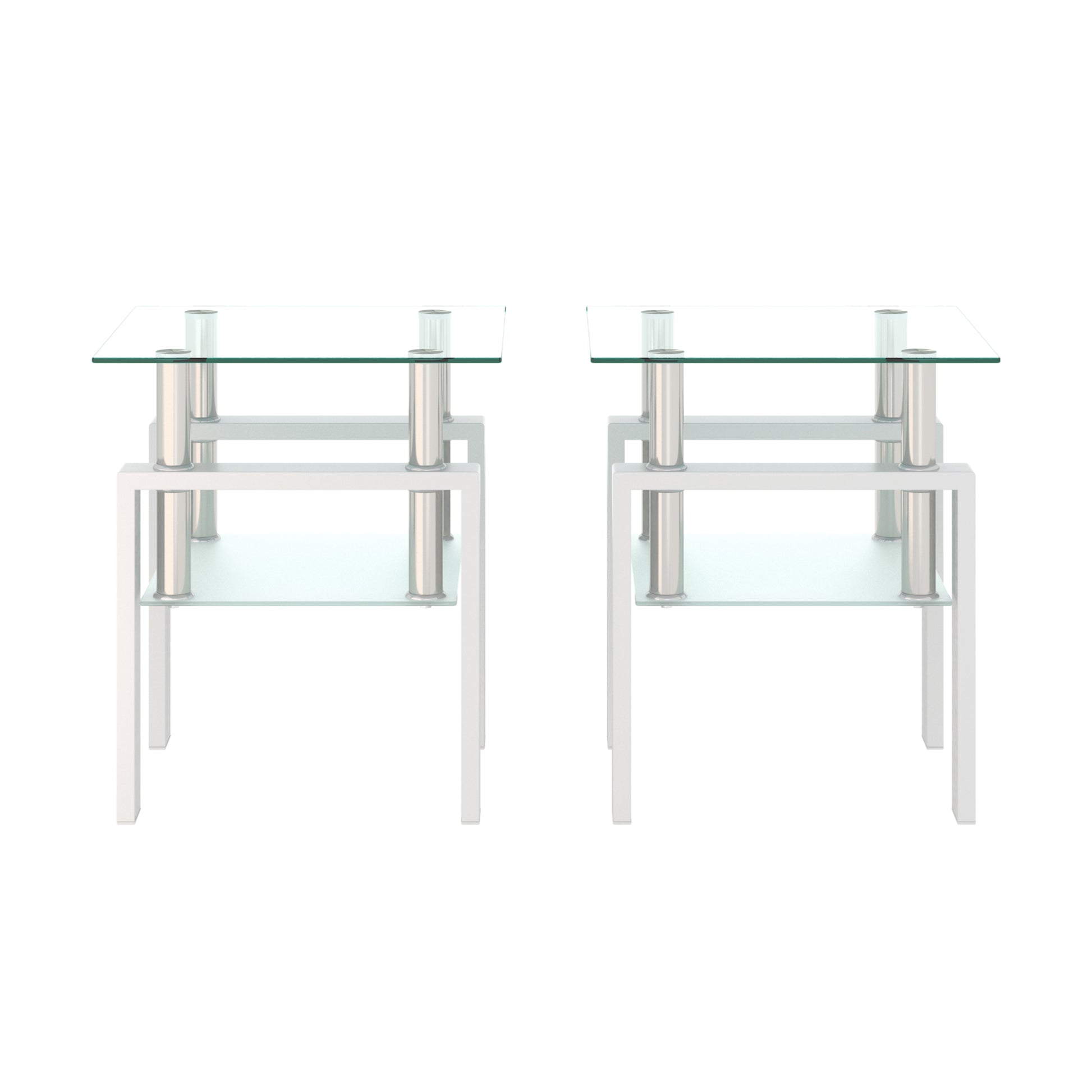 Set Of 2, Modern Tempered Glass Tea Table Coffee Table End Table, Square Table For Living Room, Transparent White White Tempered Glass