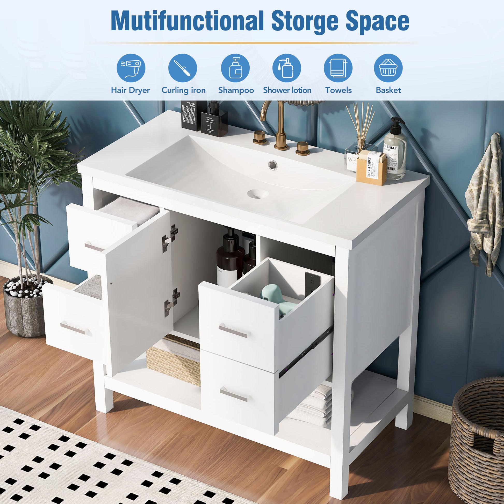 36" White Modern Bathroom Vanity With Usb,Two Shallow Drawers, One Deep Drawer,One Door,Single Resin Sink,Small Bathroom Organization Cabinet White Solid Wood Mdf Resin