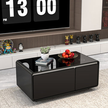 Modern Smart Coffee Table With Built In Fridge, Wireless Charging, Power Socket, Usb Interface, Outlet Protection, Mechanical Temperature Control And Ice Water Interface, Black Black Primary Living Space Luxury,Modern Rectangular Coffee & End Tables Abs