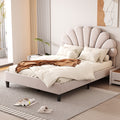 Full Size Upholstered Platform Bed With Flower Pattern Velvet Headboard, Beige Beige Velvet