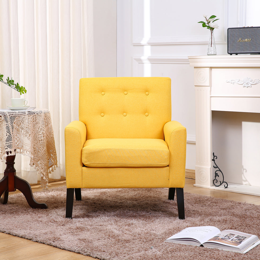Downloads: 20 Fabric Accent Chair For Living Room, Bedroom Button Tufted Upholstered Comfy Reading Accent Chairs Sofa Yellow Yellow Brown Primary Living Space American Design Foam Fabric