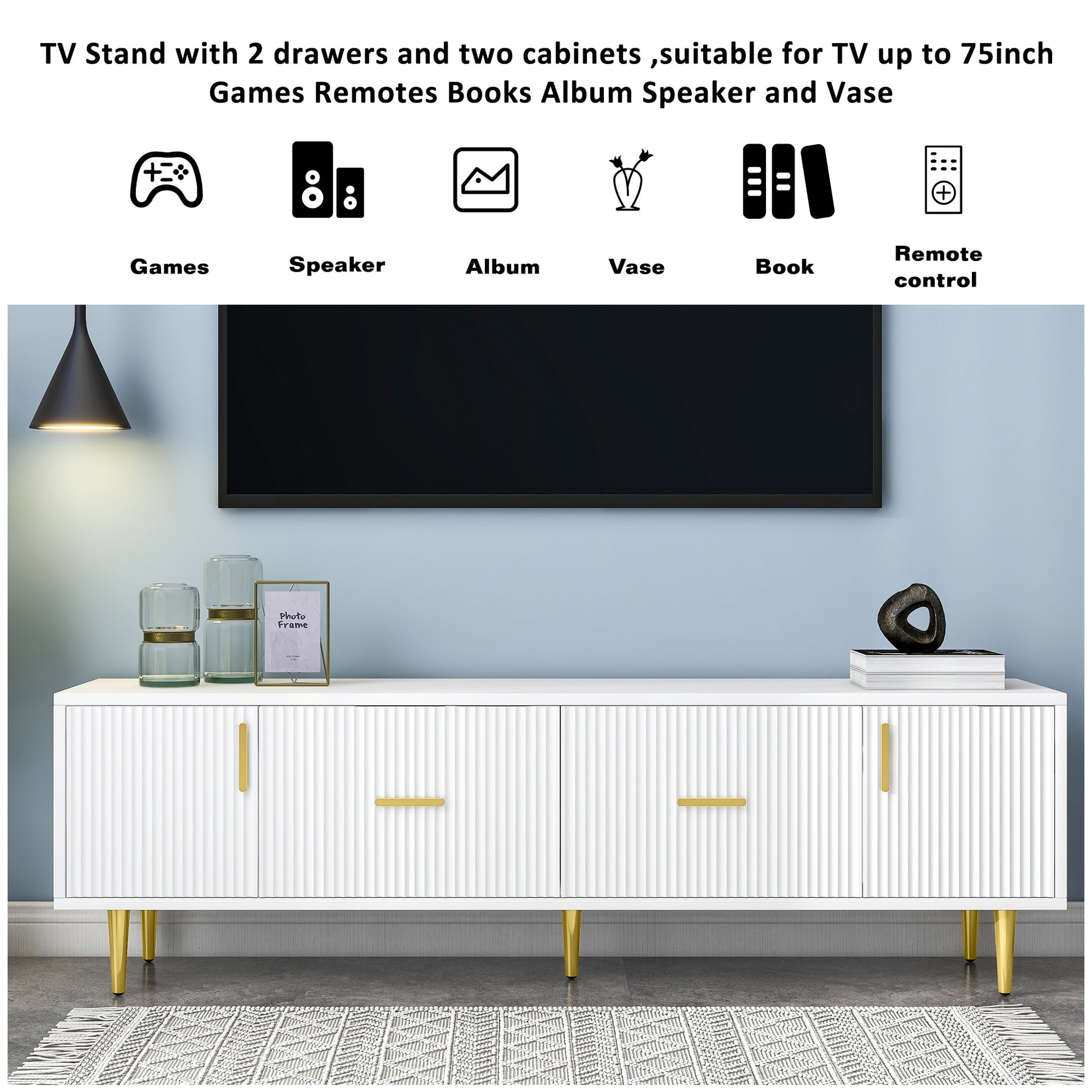 Modern Tv Stand With 5 Champagne Legs Durable, Stylish And Spacious, Tvs Up To 75'' White Mdf