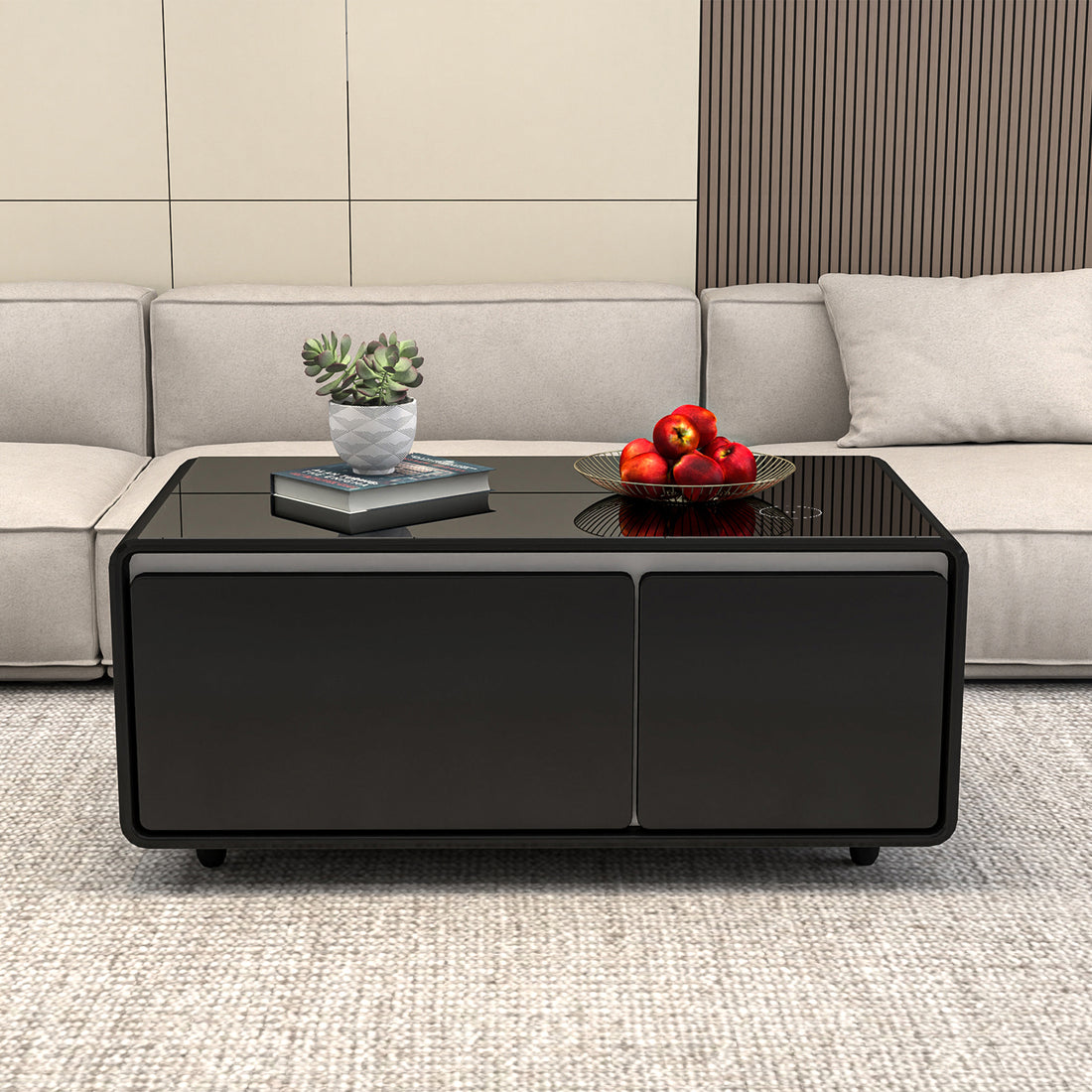 Modern Smart Coffee Table With Built In Fridge, Wireless Charging, Power Socket, Usb Interface, Outlet Protection, Mechanical Temperature Control And Ice Water Interface, Black Black Primary Living Space Luxury,Modern Rectangular Coffee & End Tables Abs