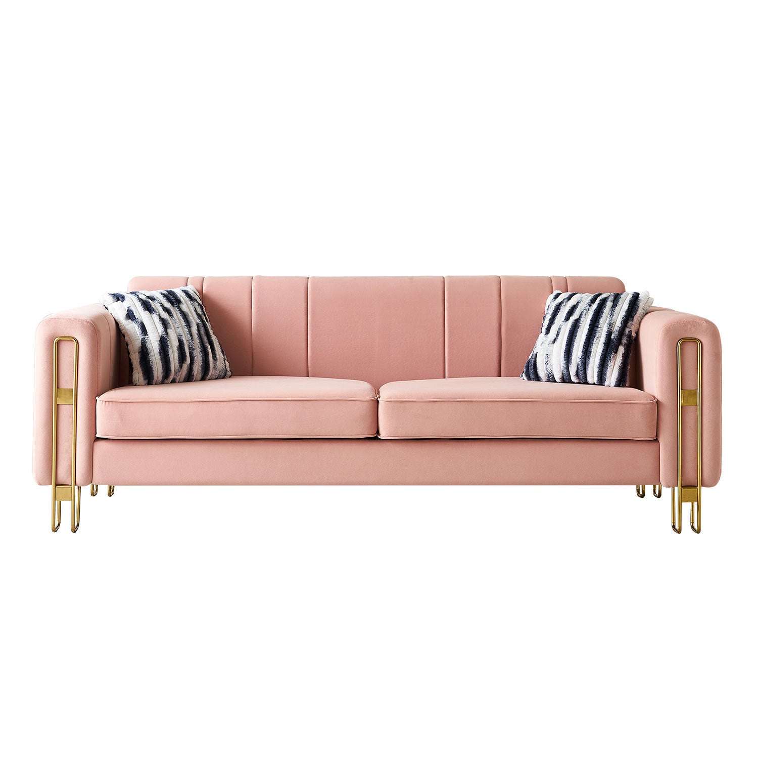 Modern Velvet Sofa 85.04 Inch For Living Room Blush Pink Color Brush Pink Teddy Velvet Wood Tufted Back Modern Square Arms Foam Velvet 2 Seat